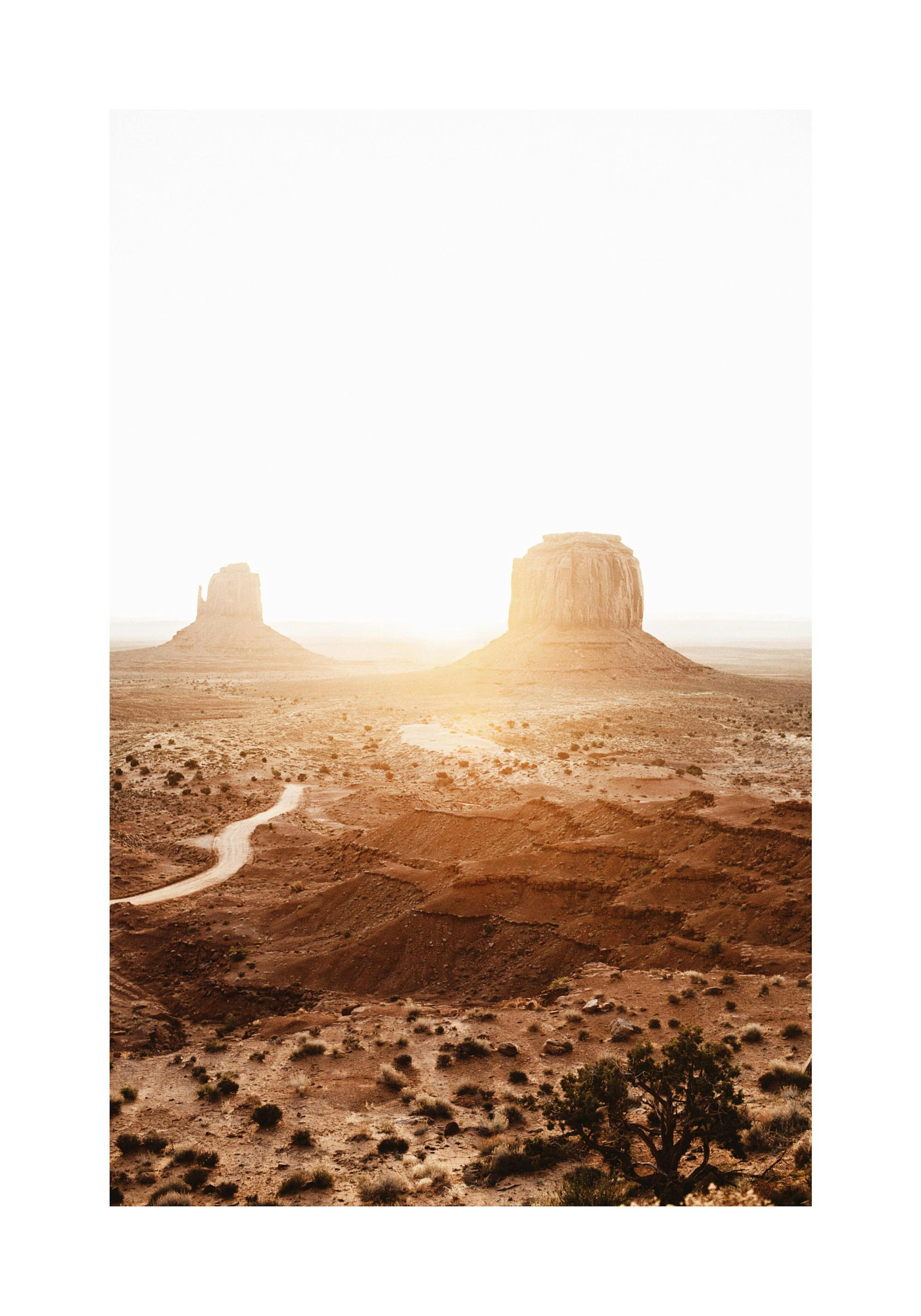 황량한 사막의 붉은 지형과 바위산이 보이는 풍경 포스터, 밝은 노을빛이 비춘다.