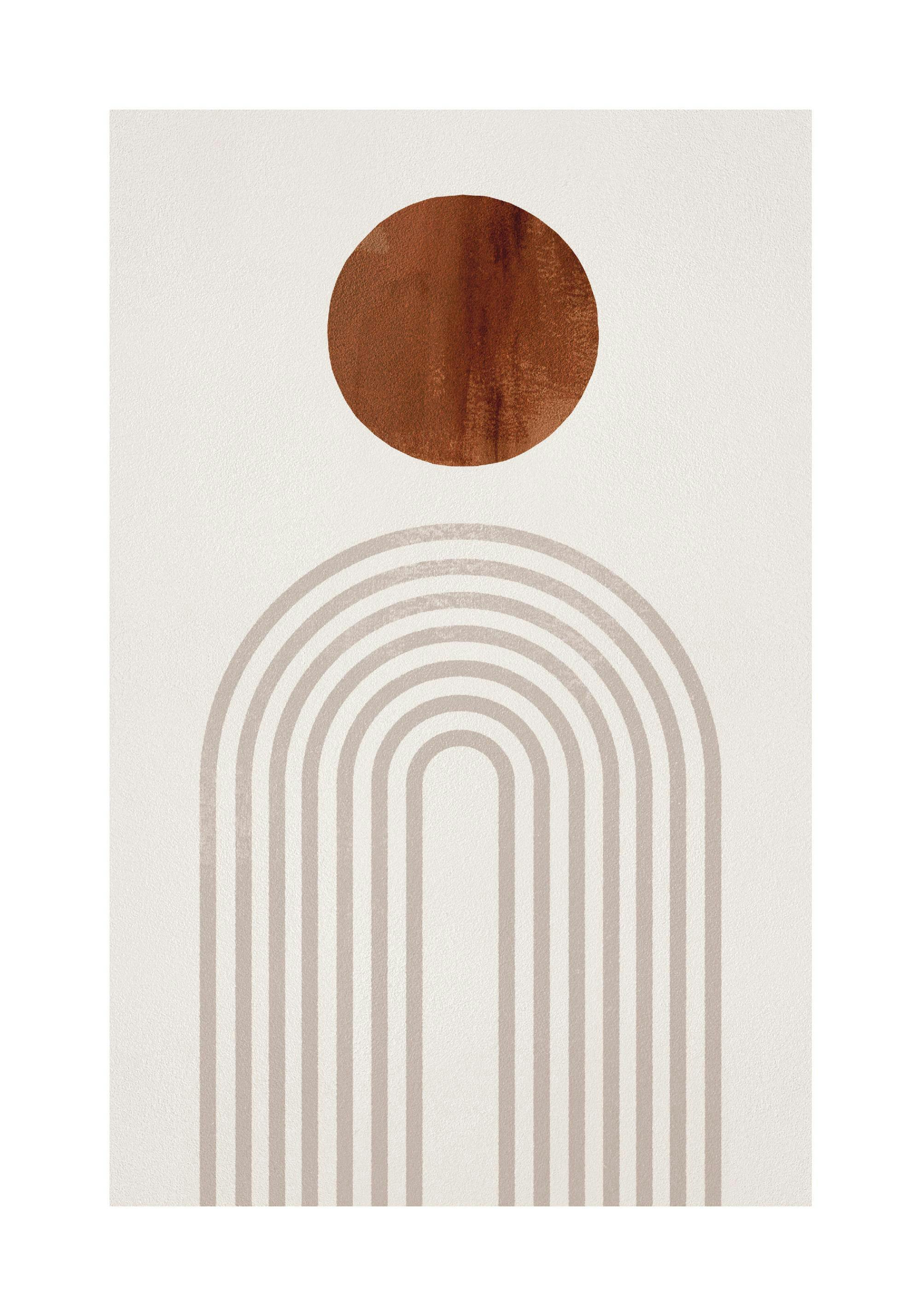 Poster con un cerchio marrone e un arco beige su sfondo chiaro, design astratto.