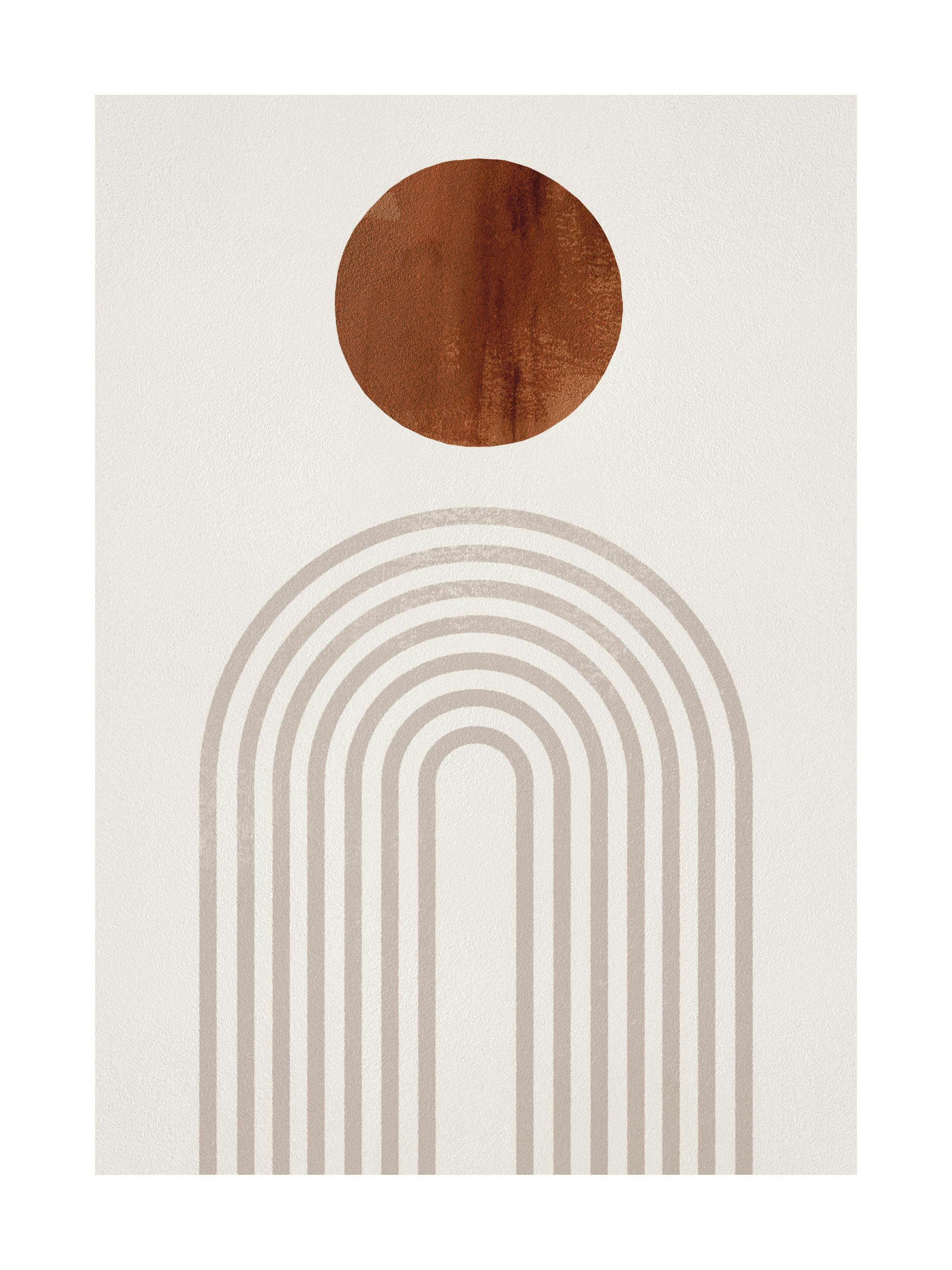 A poster featuring a brown circle above a series of beige arched lines, all on a light background.