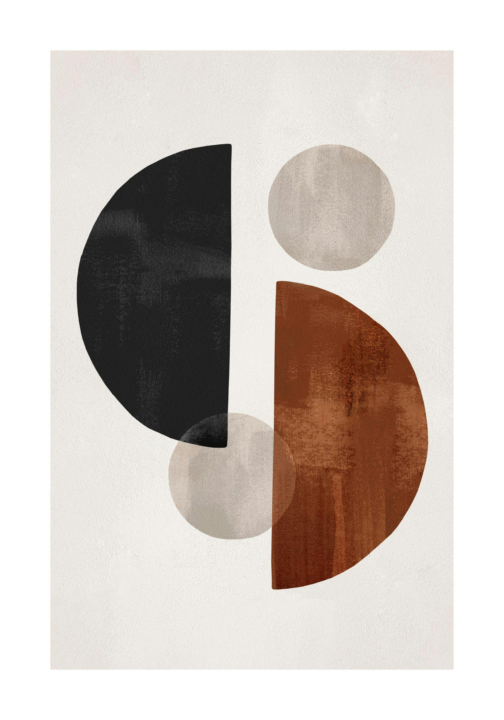 A poster featuring abstract shapes in black, brown, and light grey with a textured appearance on a white background.