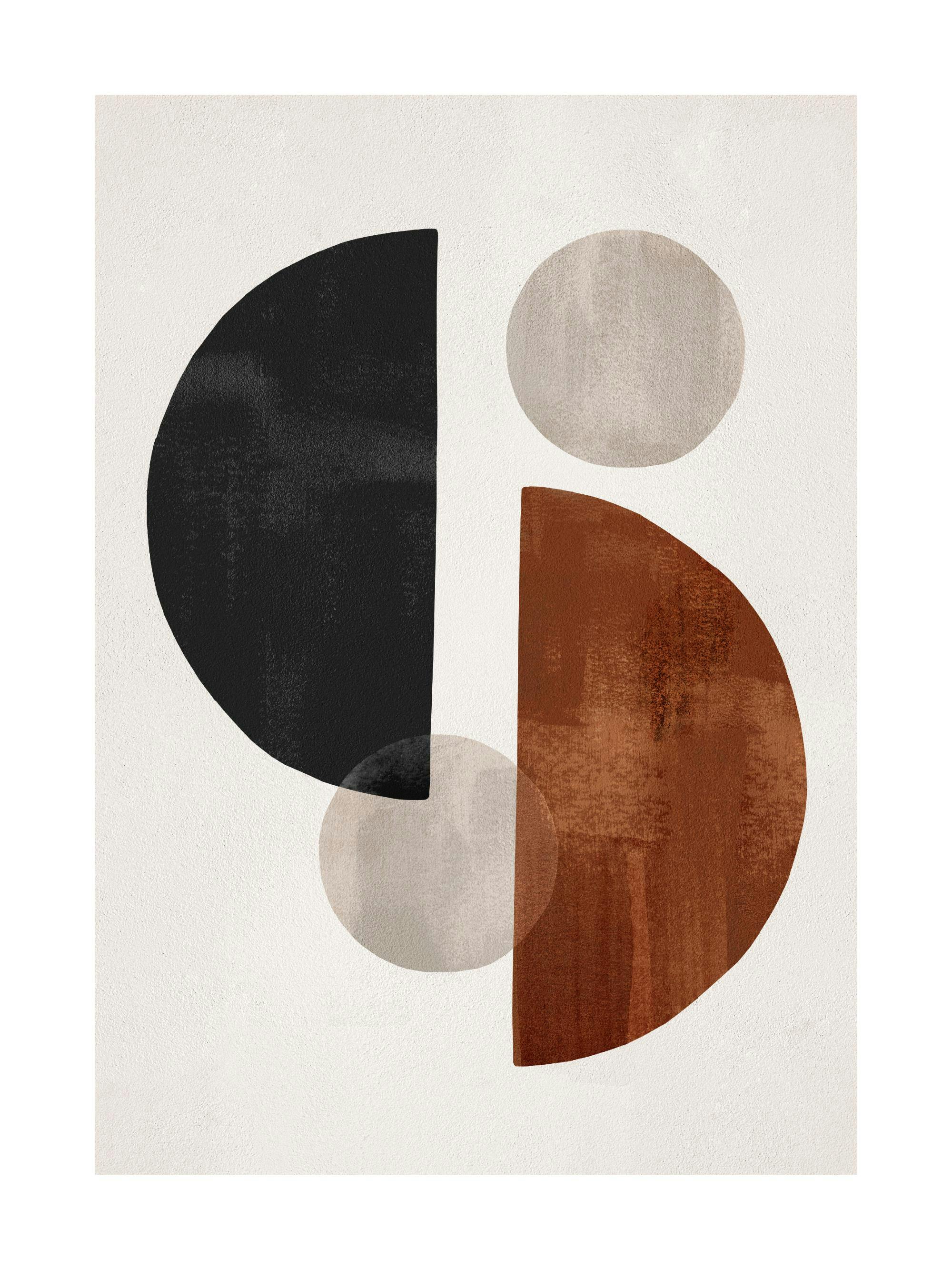 A poster featuring an abstract design with black, brown, and translucent beige geometric shapes on a light textured background.