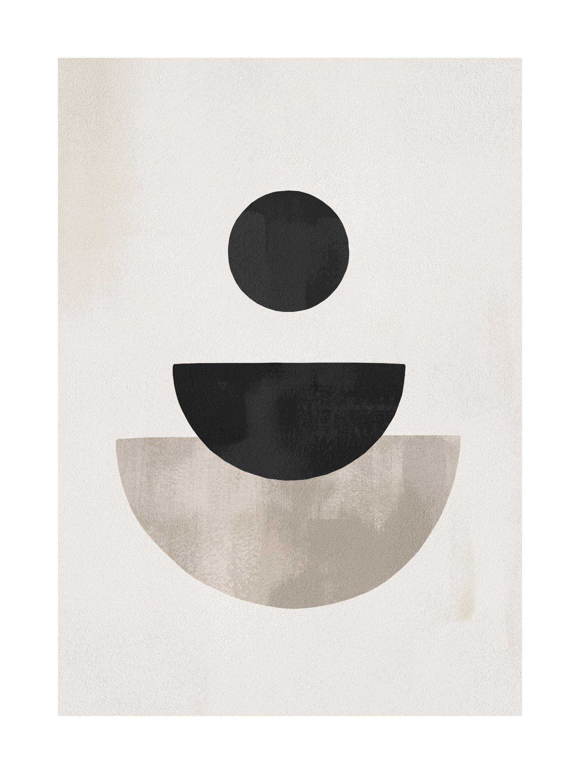 A poster featuring a black circle above two semicircles, one black and one beige, on a light background.