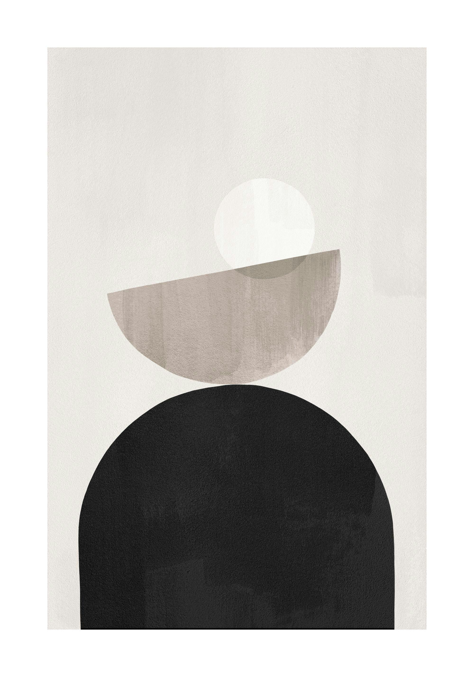 A poster featuring a black semi-circle at the bottom, a grey semi-circle above it, and a white circle at the top.