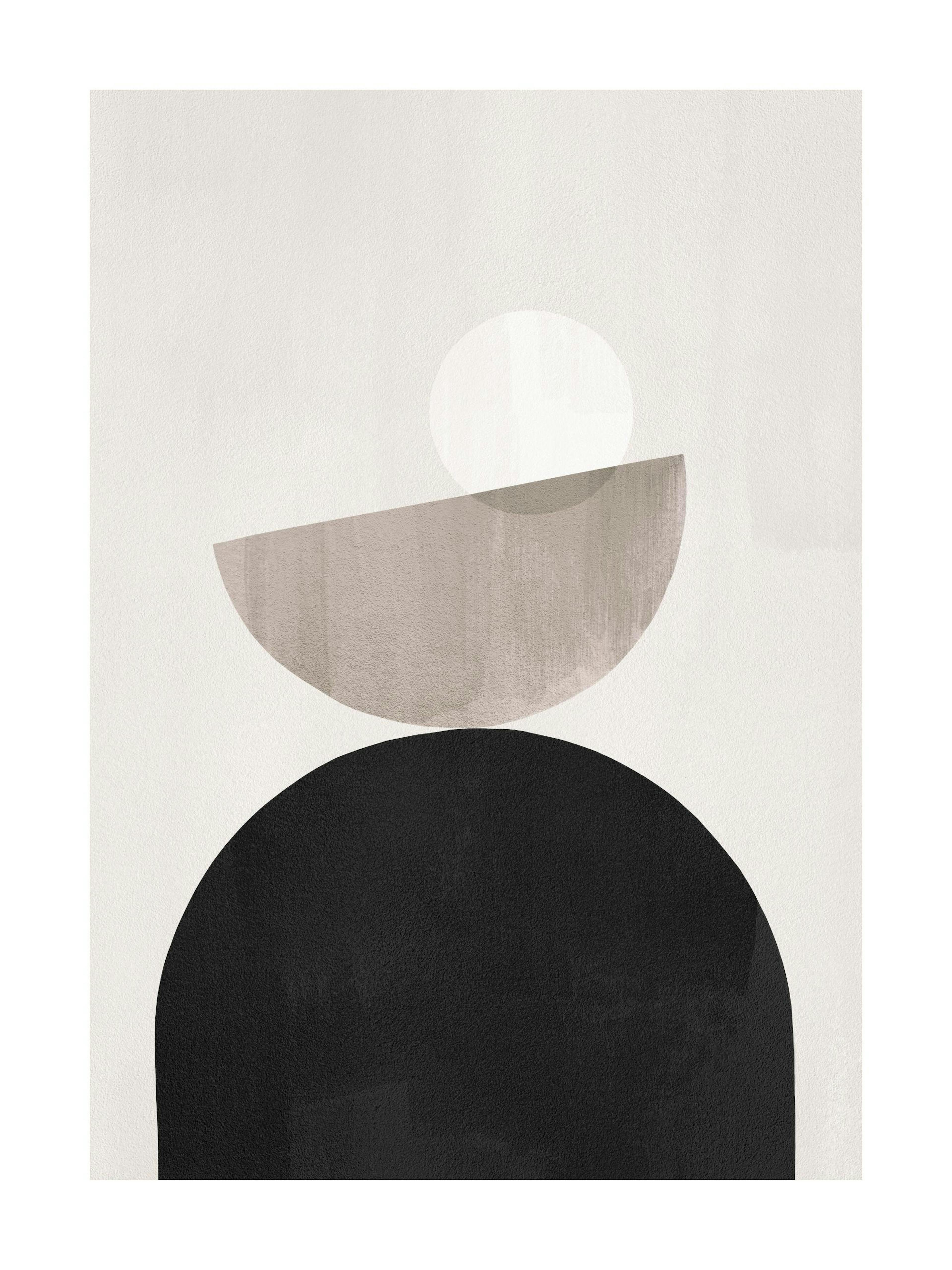 A poster featuring a minimalist geometric design with a large black arc, a smaller beige semicircle, and a white circle.