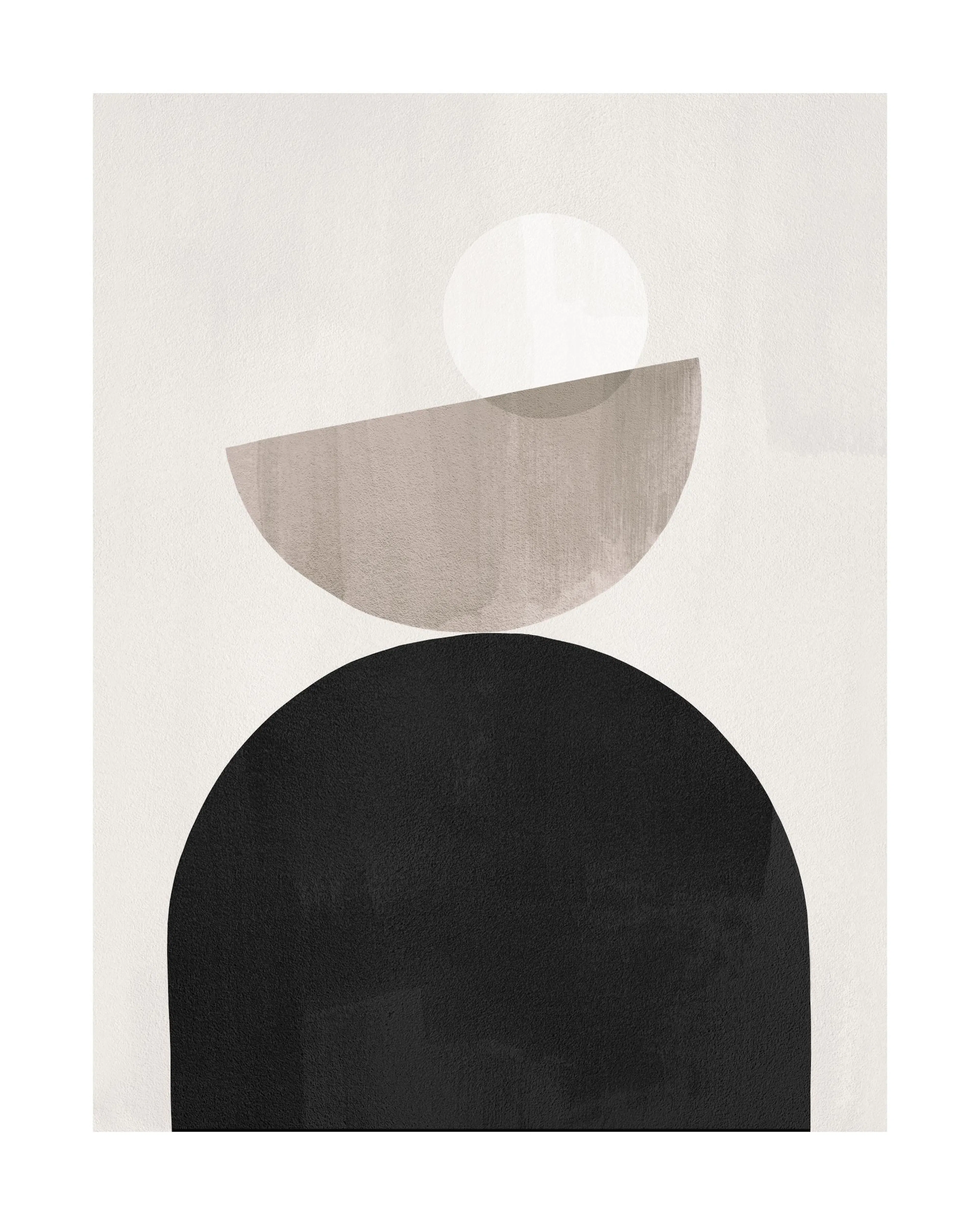 A poster featuring a minimalist abstract design with a large black arch, a beige semi-circle, and a white circle on a textured l