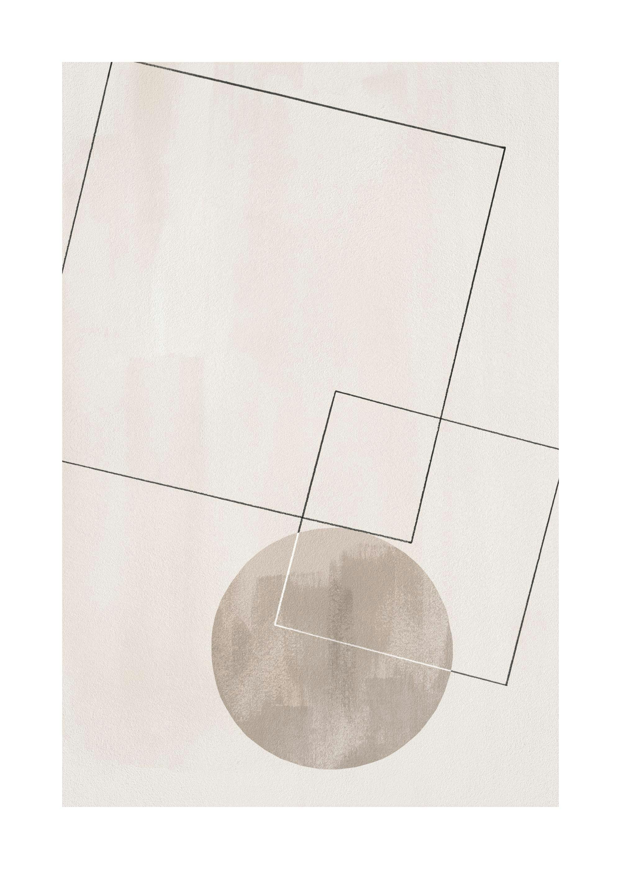 Een poster met een abstract ontwerp met beige achtergrond, zwarte lijnen die twee vierkanten vormen en een lichtbruine cirkel.