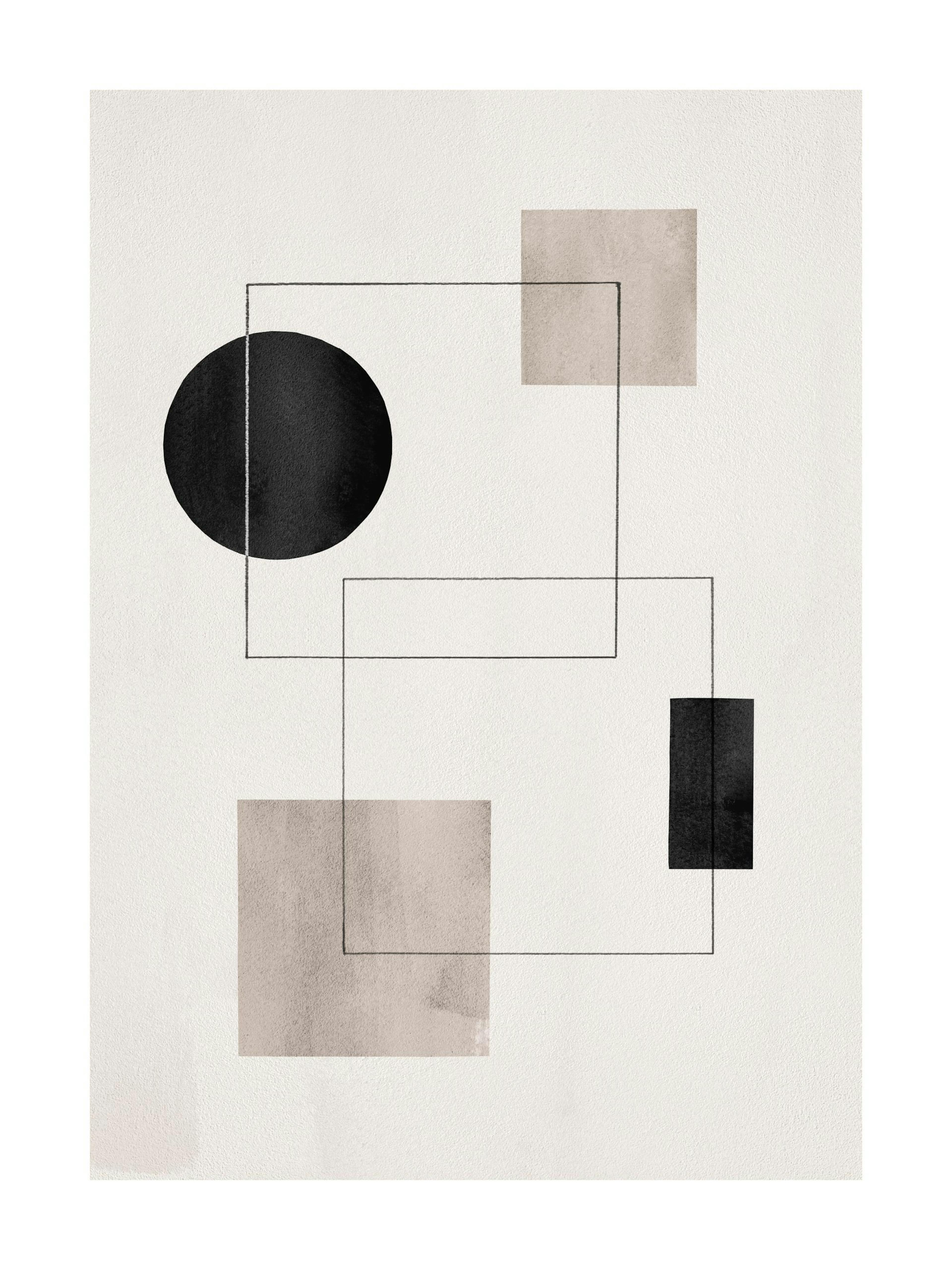 A poster with minimalist abstract shapes including a black circle and rectangle, and two beige squares with black outlines.