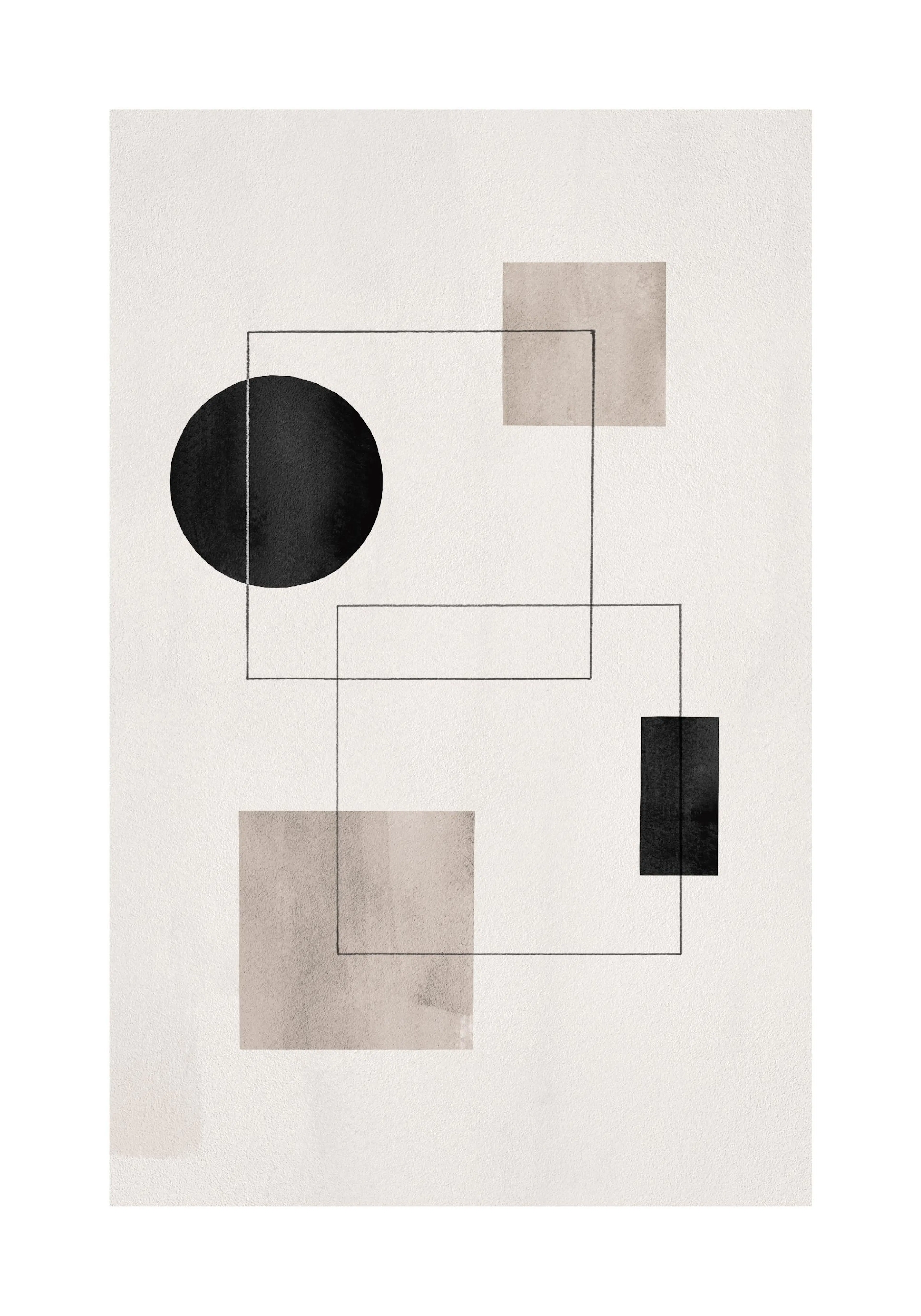 Poster mit geometrischen Formen: schwarzer Kreis, graue Rechtecke und schwarze Linien auf hellbeigem Hintergrund.