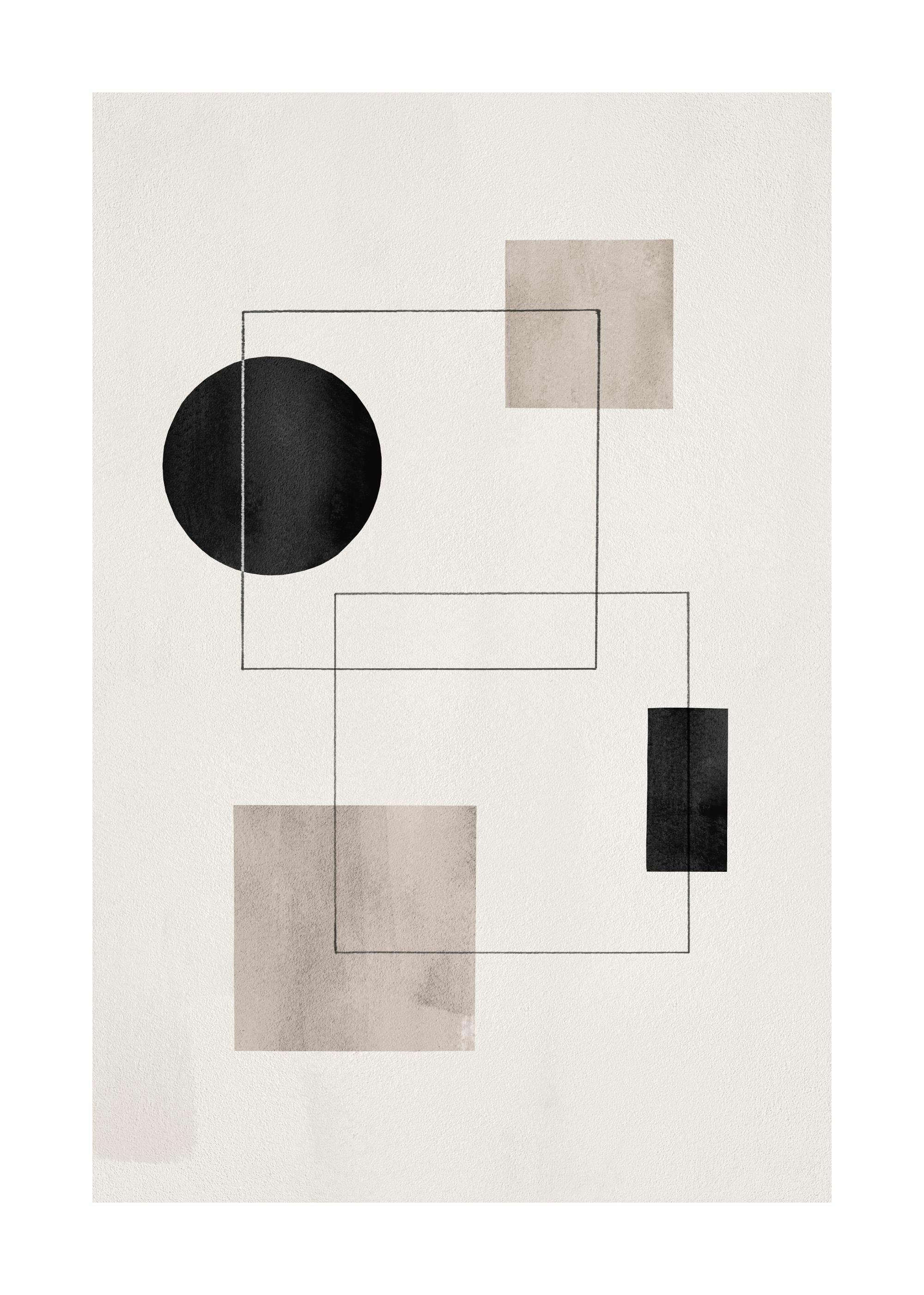 Poster mit geometrischen Formen: schwarzer Kreis, schwarzes Rechteck und beige Quadrate, verbunden durch feine Linien auf hellem