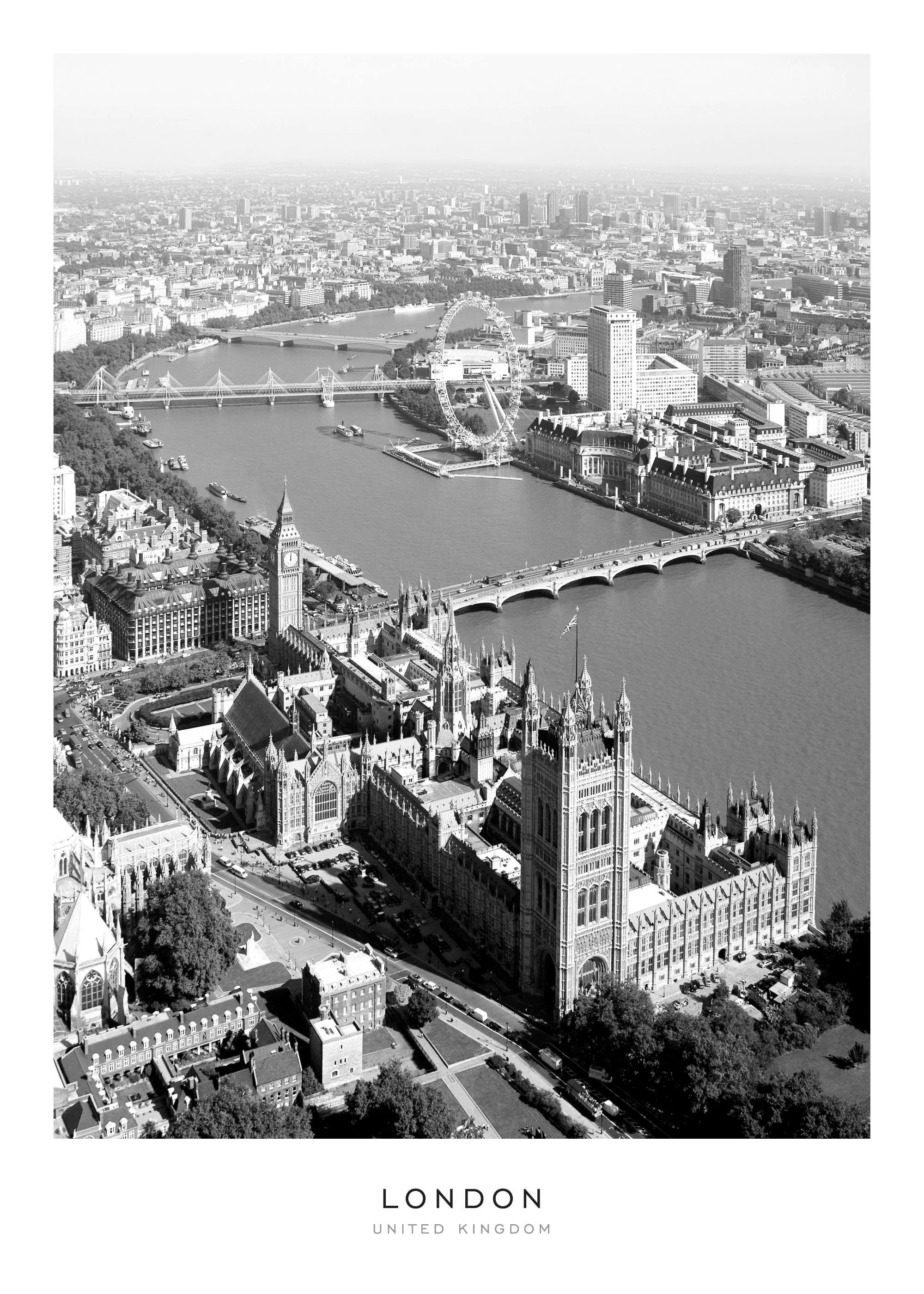 Ein schwarz-weißes Poster mit einer Luftaufnahme von London, die Big Ben, das Parlament und das London Eye zeigt.