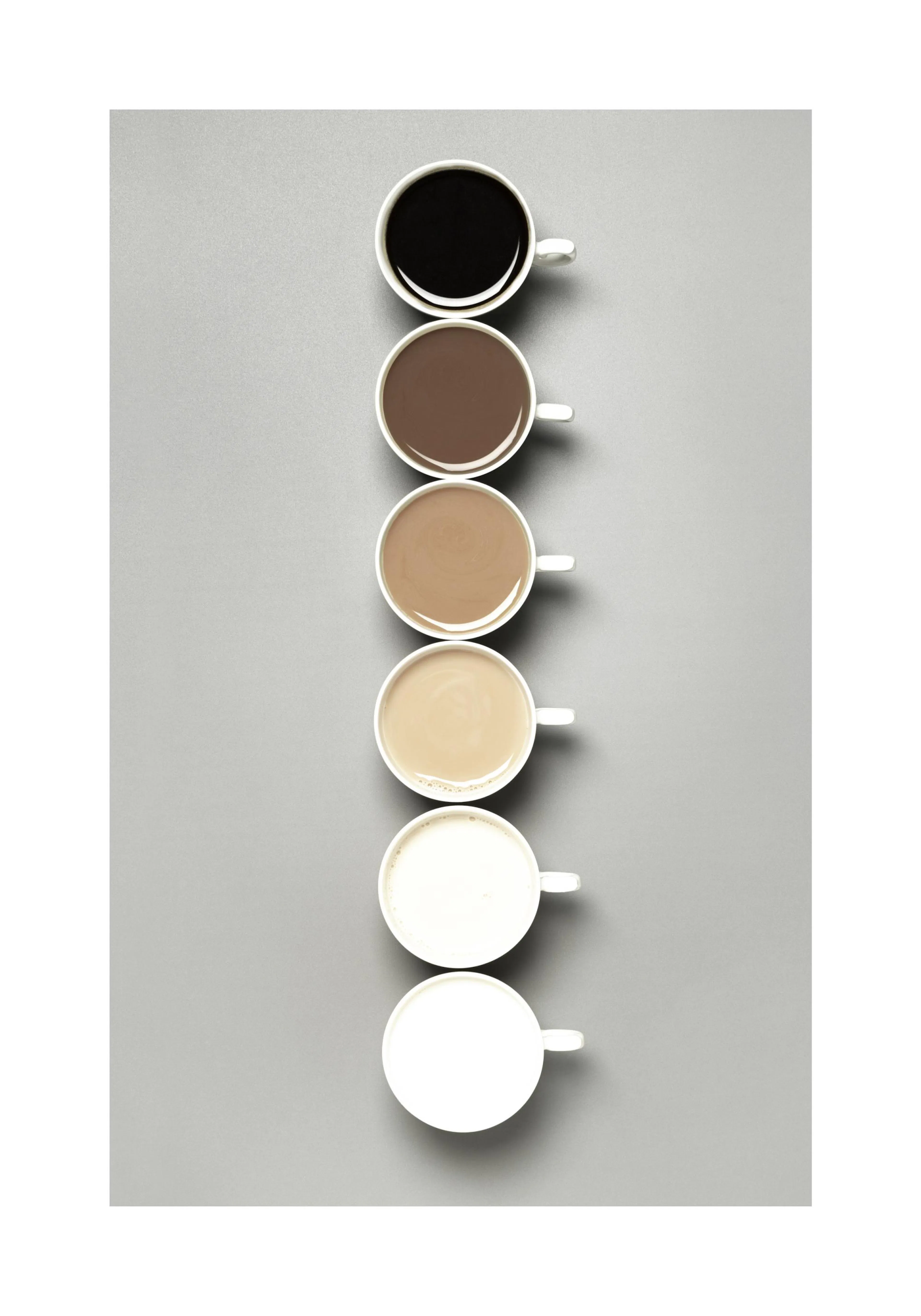 En poster som visar sex vita kaffekoppar i rad med olika nyanser av kaffe, från svart till vitt.
