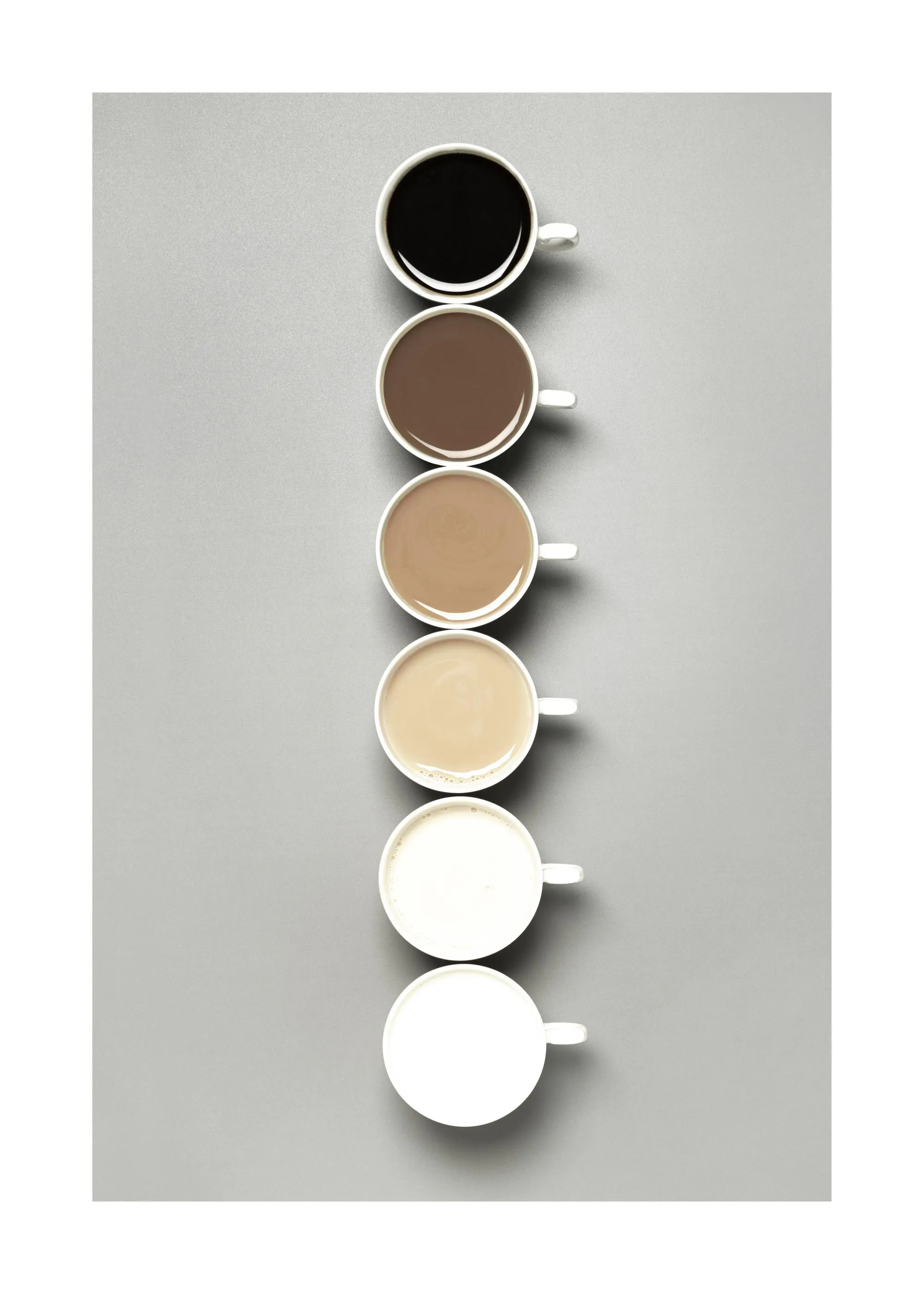En poster som visar sex vita kaffekoppar i rad med olika nyanser av kaffe, från svart till vitt.