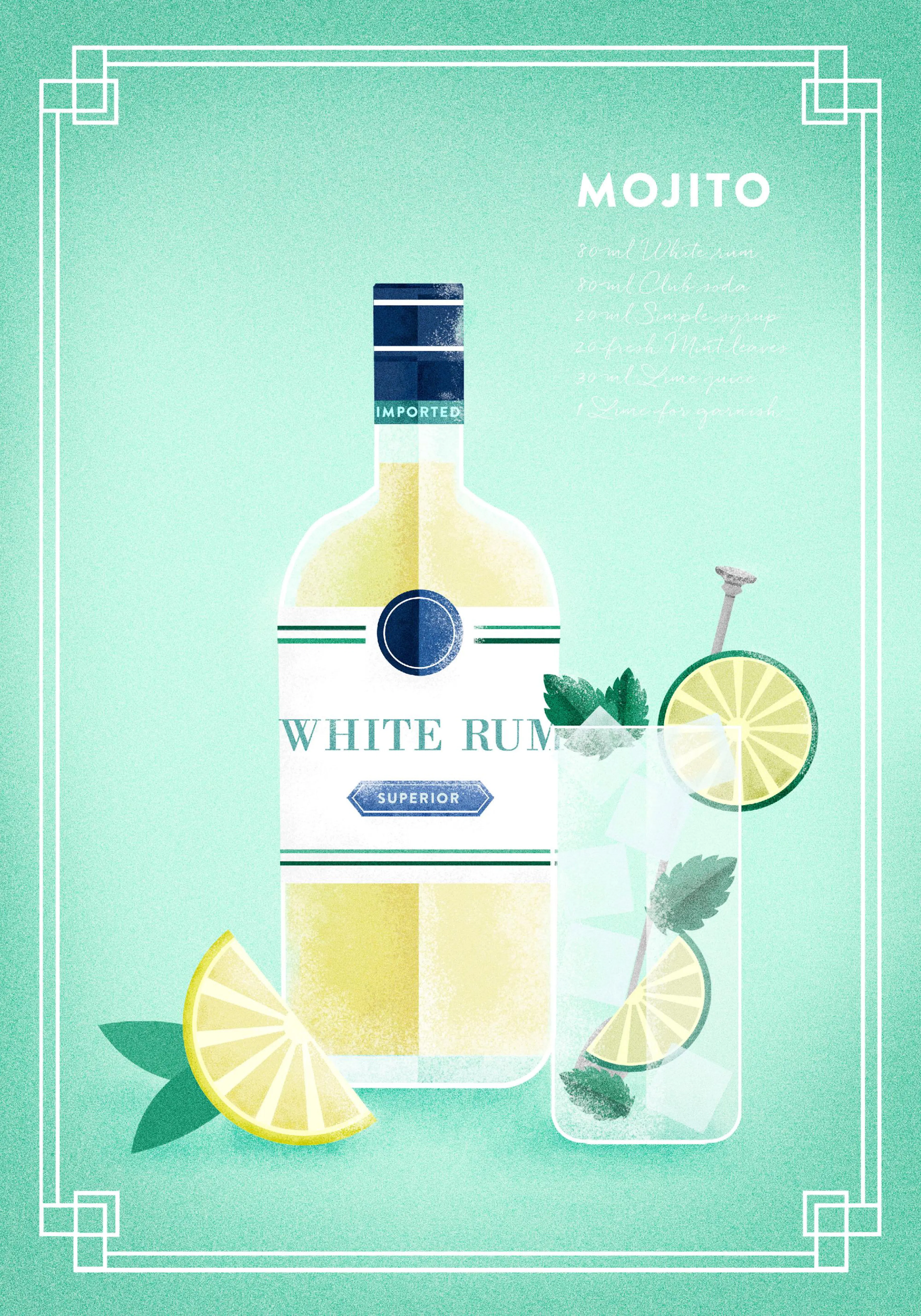 A poster featuring a white rum bottle, a mojito glass with ice, lime, and mint, and a lemon wedge on a green background.