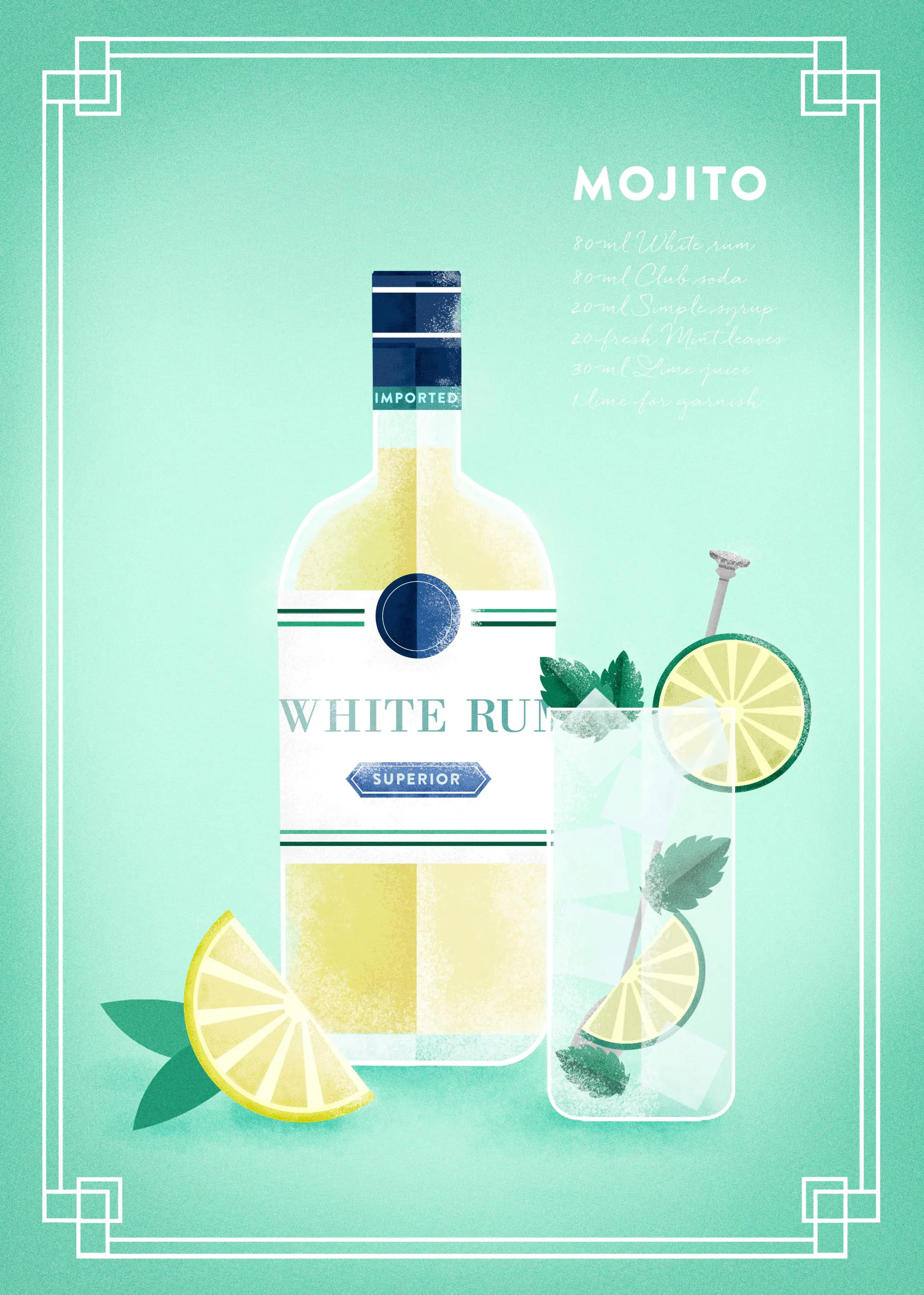 A Mojito cocktail recipe poster with a white rum bottle, a mojito glass, and a lime slice on a mint green background.