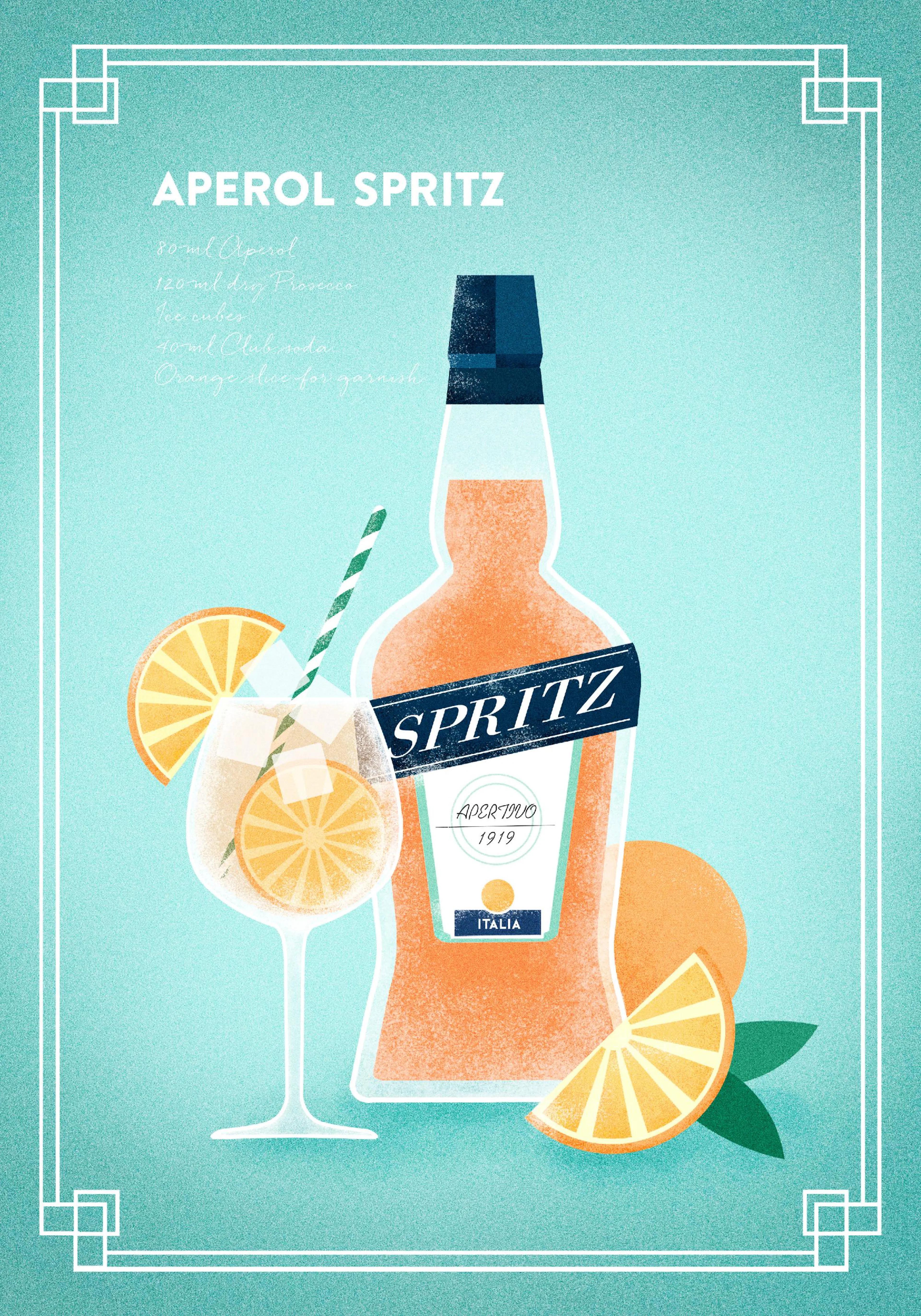A poster featuring an Aperol Spritz recipe with a glass, bottle, and orange slices on a teal background.