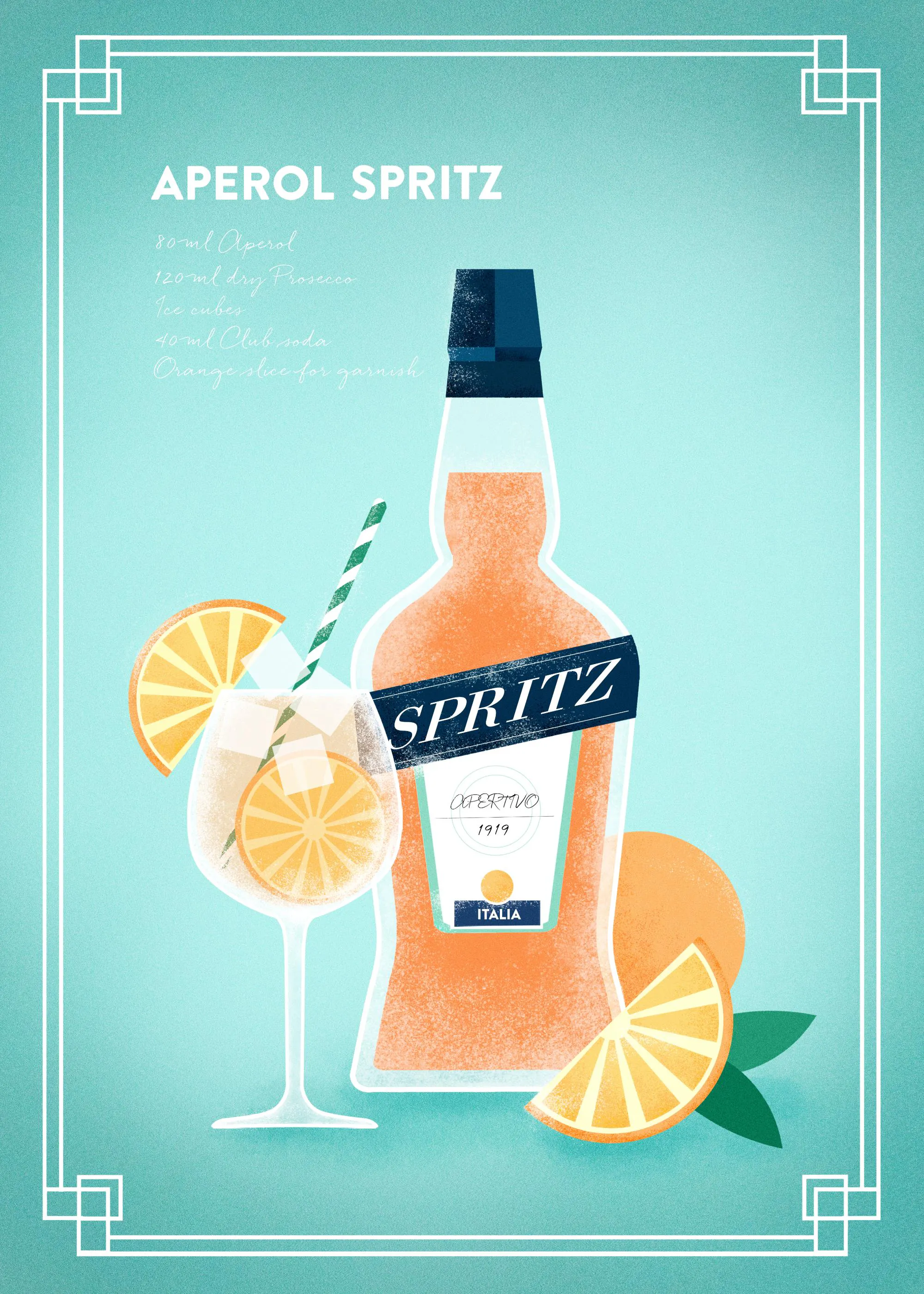 A Spritz cocktail recipe poster with an orange bottle, a drink glass with ice and orange slices on a blue background.