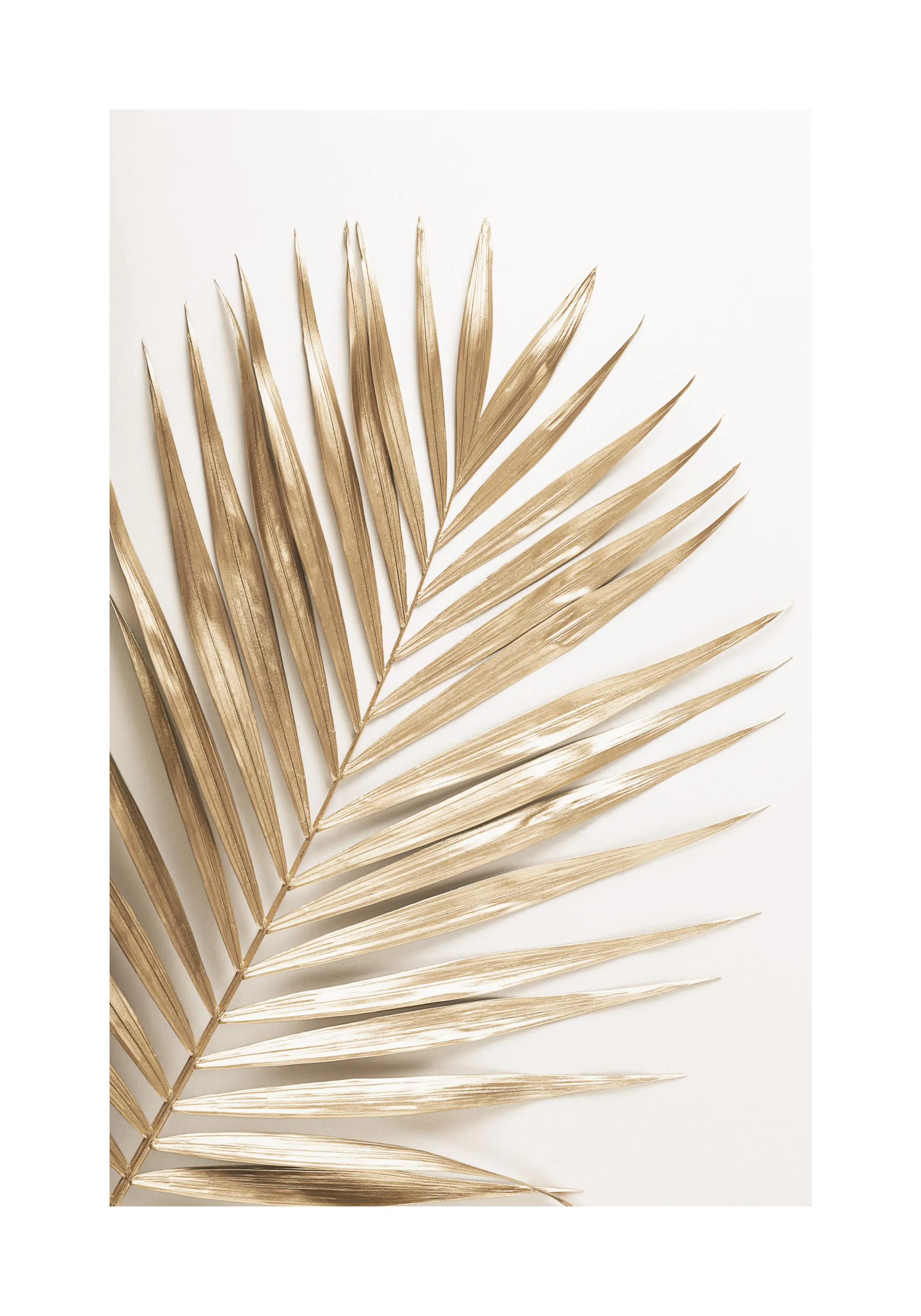 Poster dune feuille de palmier dorée sur fond clair, avec des détails fins et une texture métallique.
