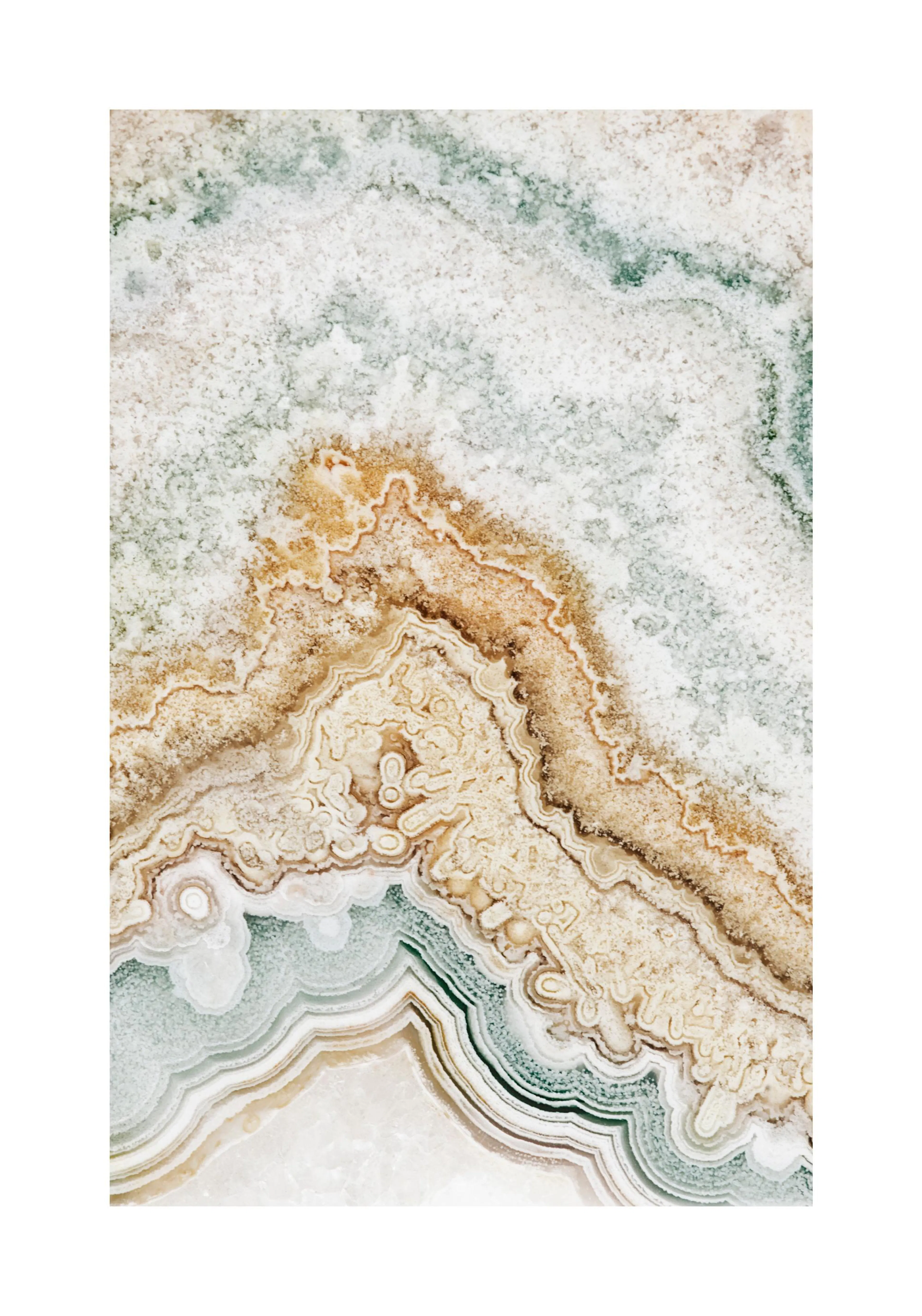 A poster featuring a close-up of natural onyx stone with organic patterns in light green, brown, and white tones.
