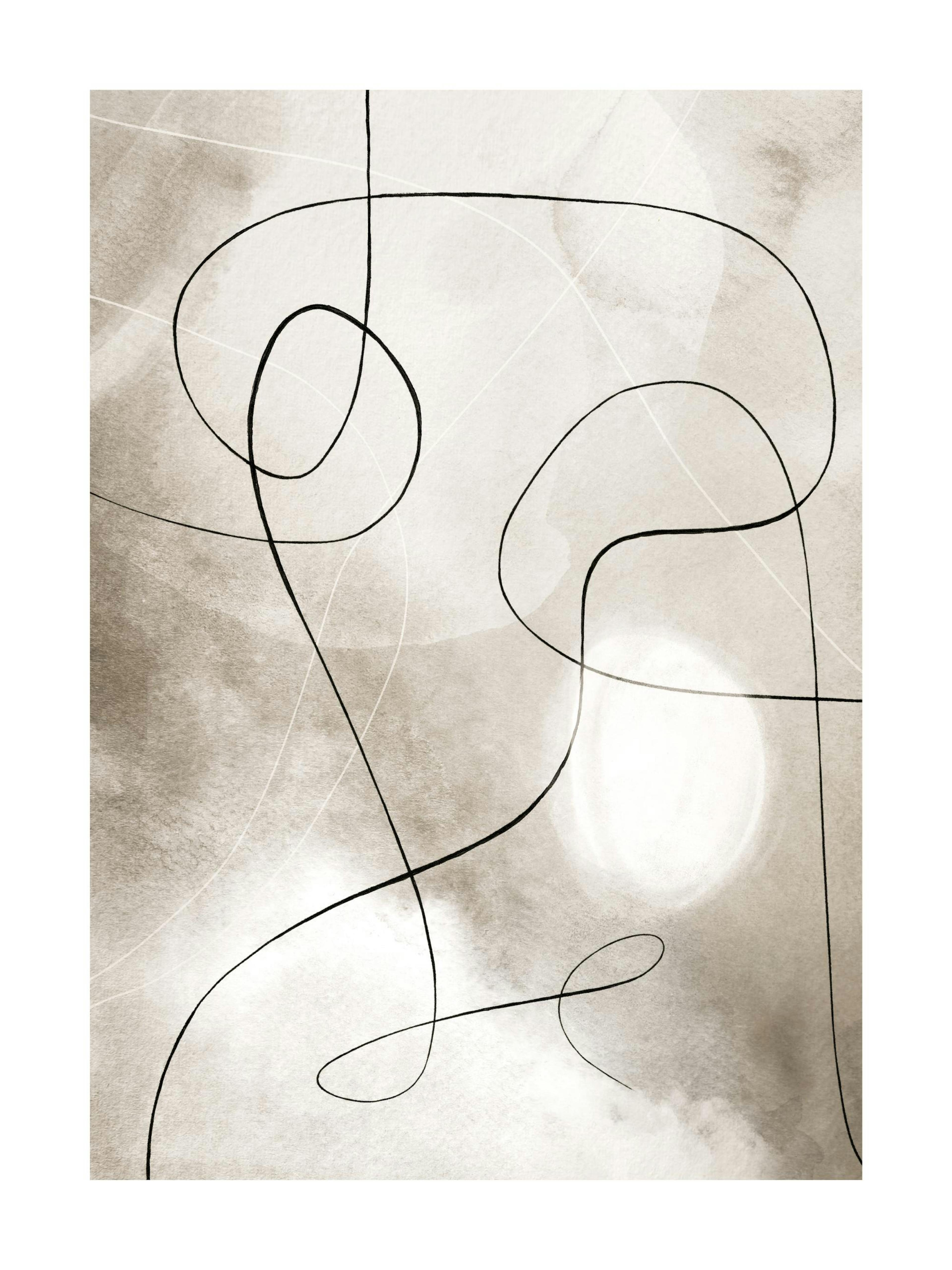 A poster featuring a minimalist line art design with flowing black lines over a textured beige and white background.