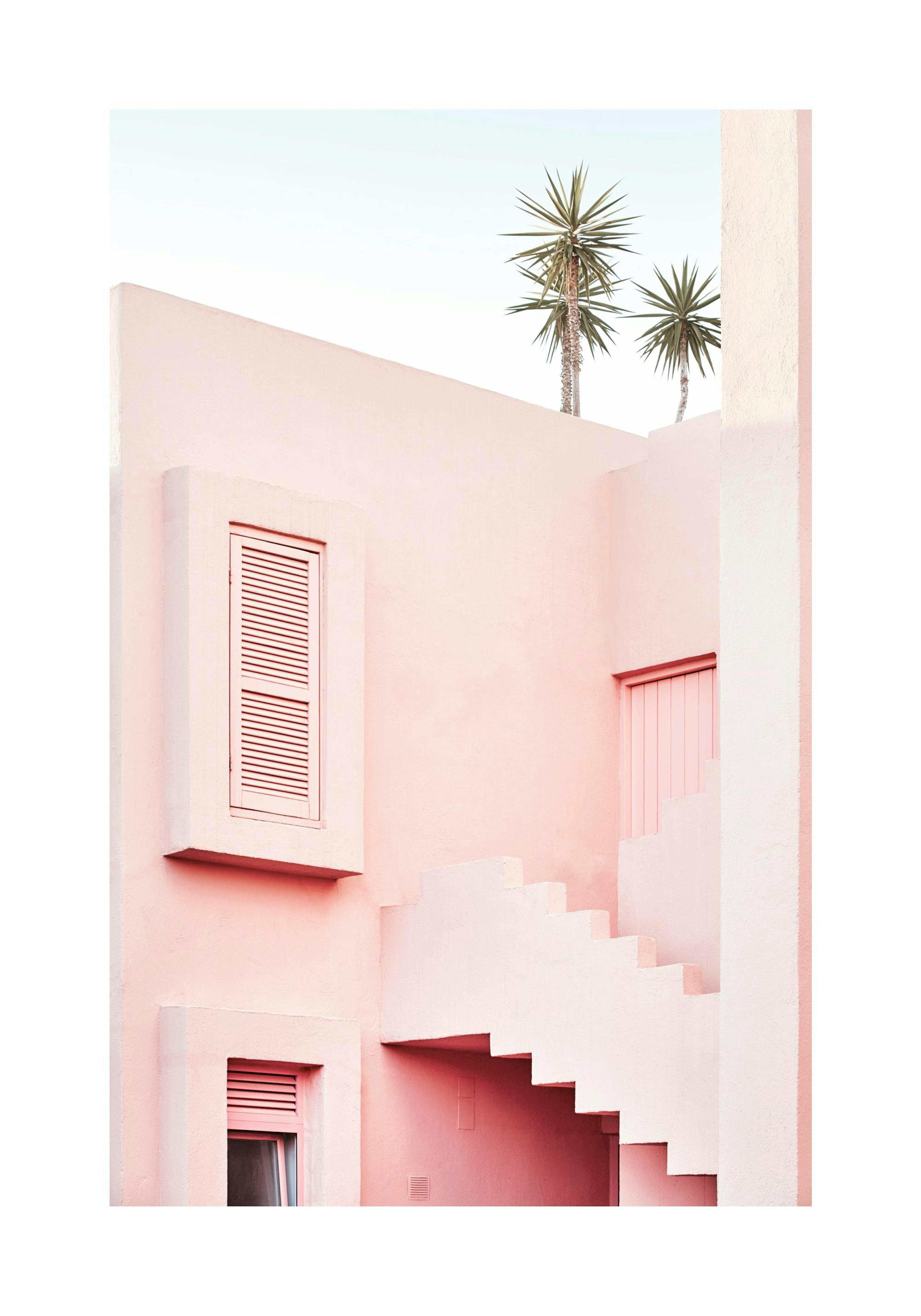 하늘색 배경에 분홍색 건물과 야자수가 있는 건축물 poster