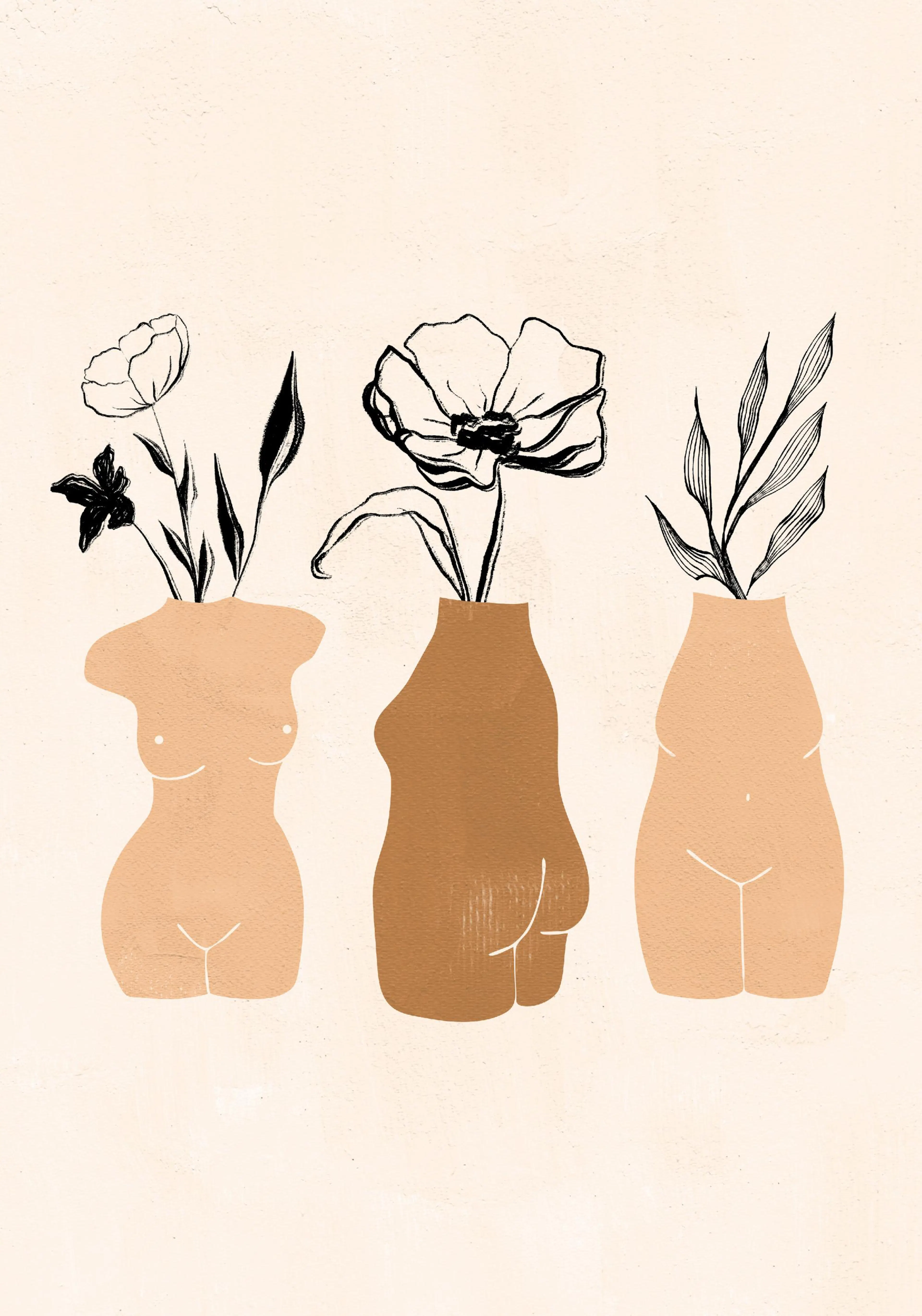 A poster featuring three abstract female torso shapes in peach and brown, each holding black outline flowers.