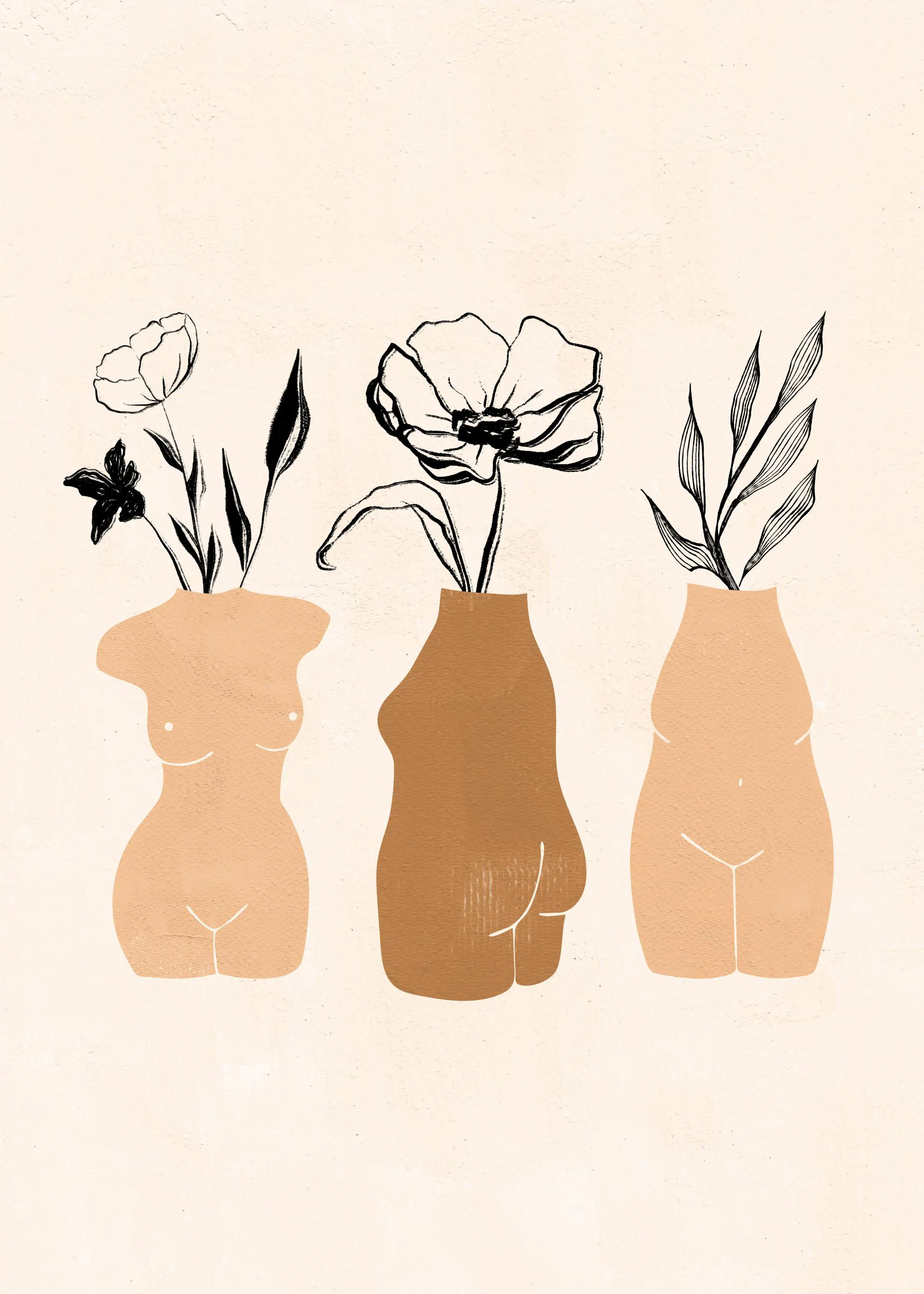 Een poster met drie terracotta-kleurige vazen in de vorm van vrouwenlichamen met bloemen en bladeren.
