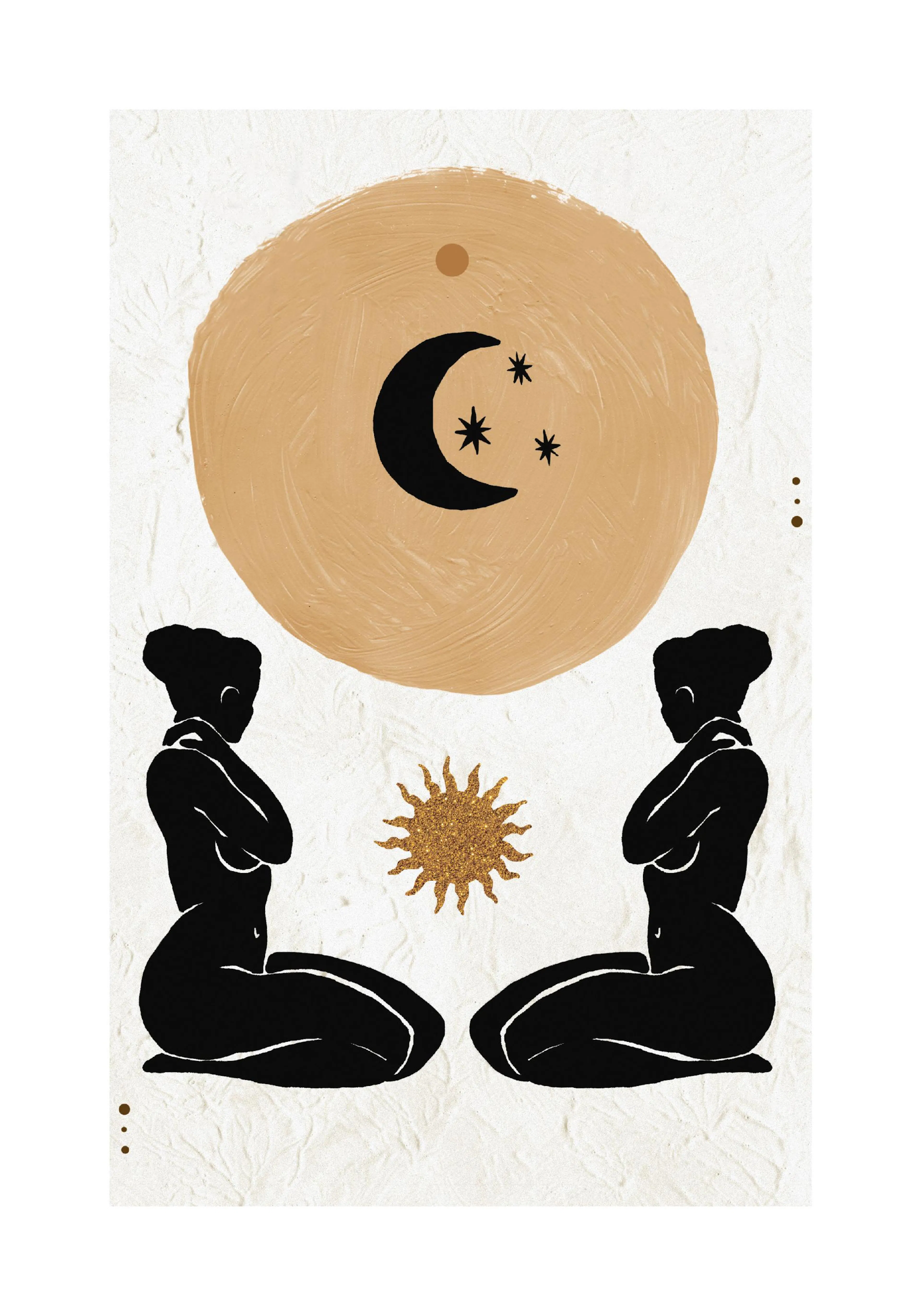 A poster featuring two black female silhouettes kneeling, facing each other, with a textured gold sun between them. Above, a bei