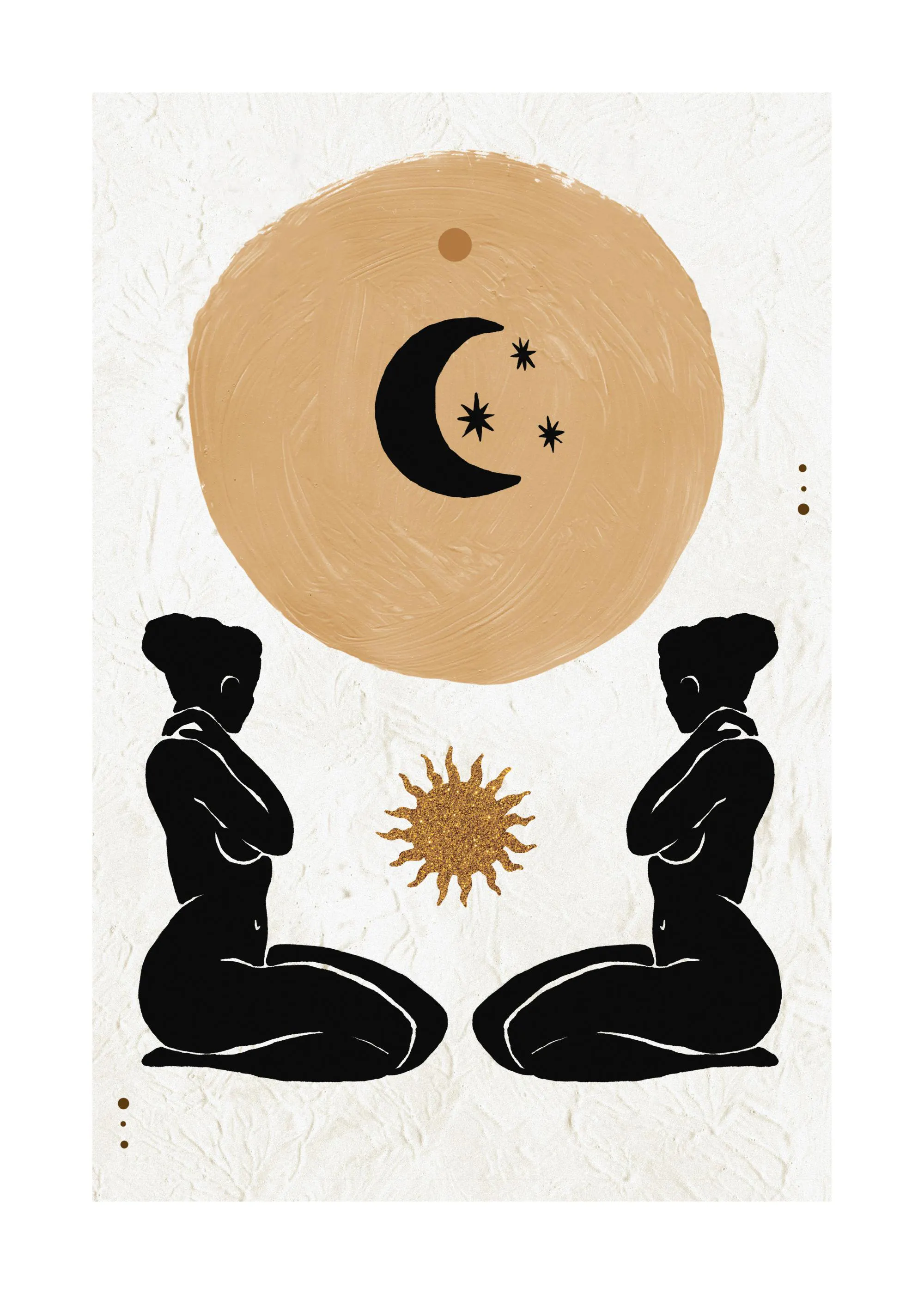A poster featuring two black female silhouettes kneeling, with a golden sun in between, and a beige circle with a black moon and