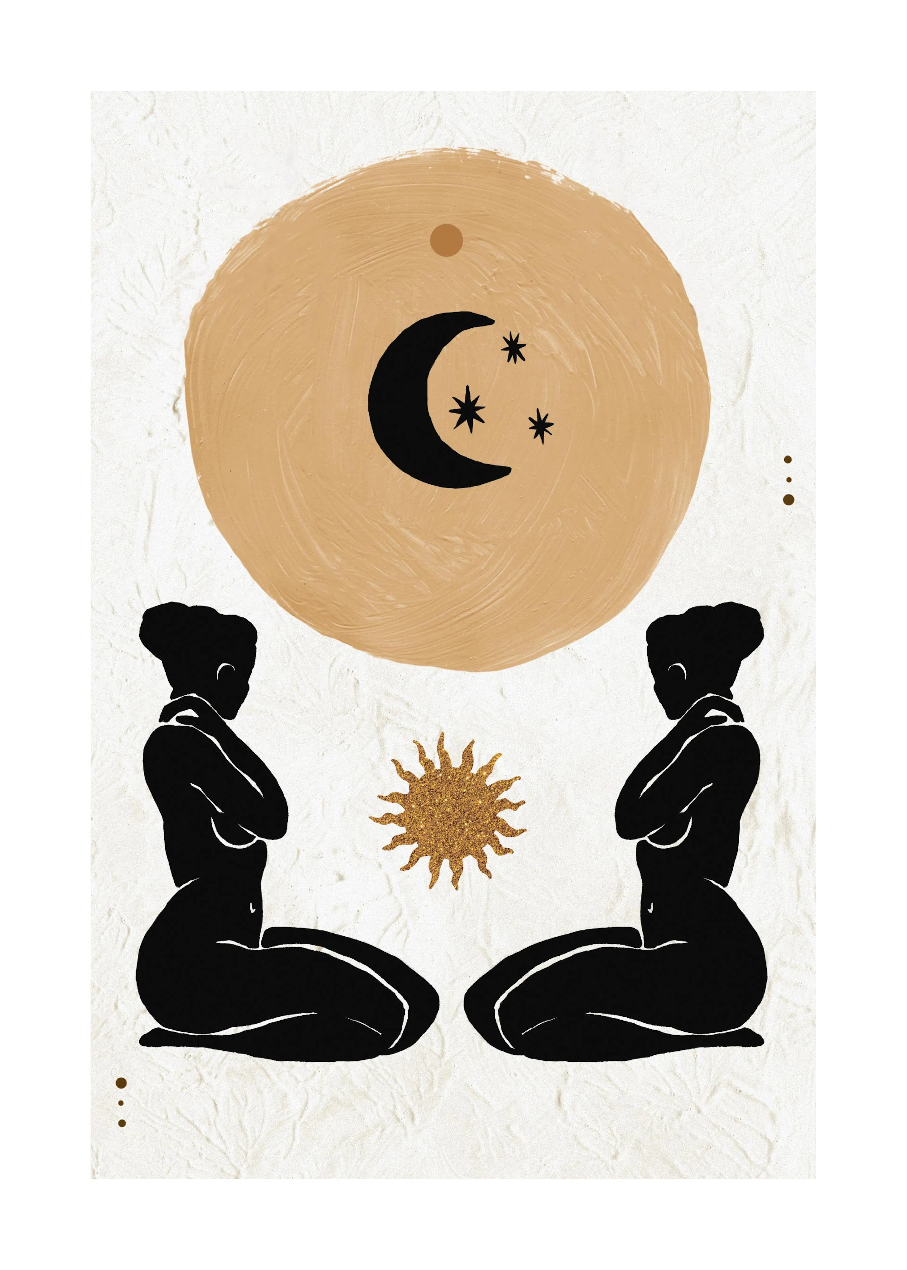 A poster featuring two black female silhouettes kneeling, with a golden sun in between, and a beige circle with a black moon and