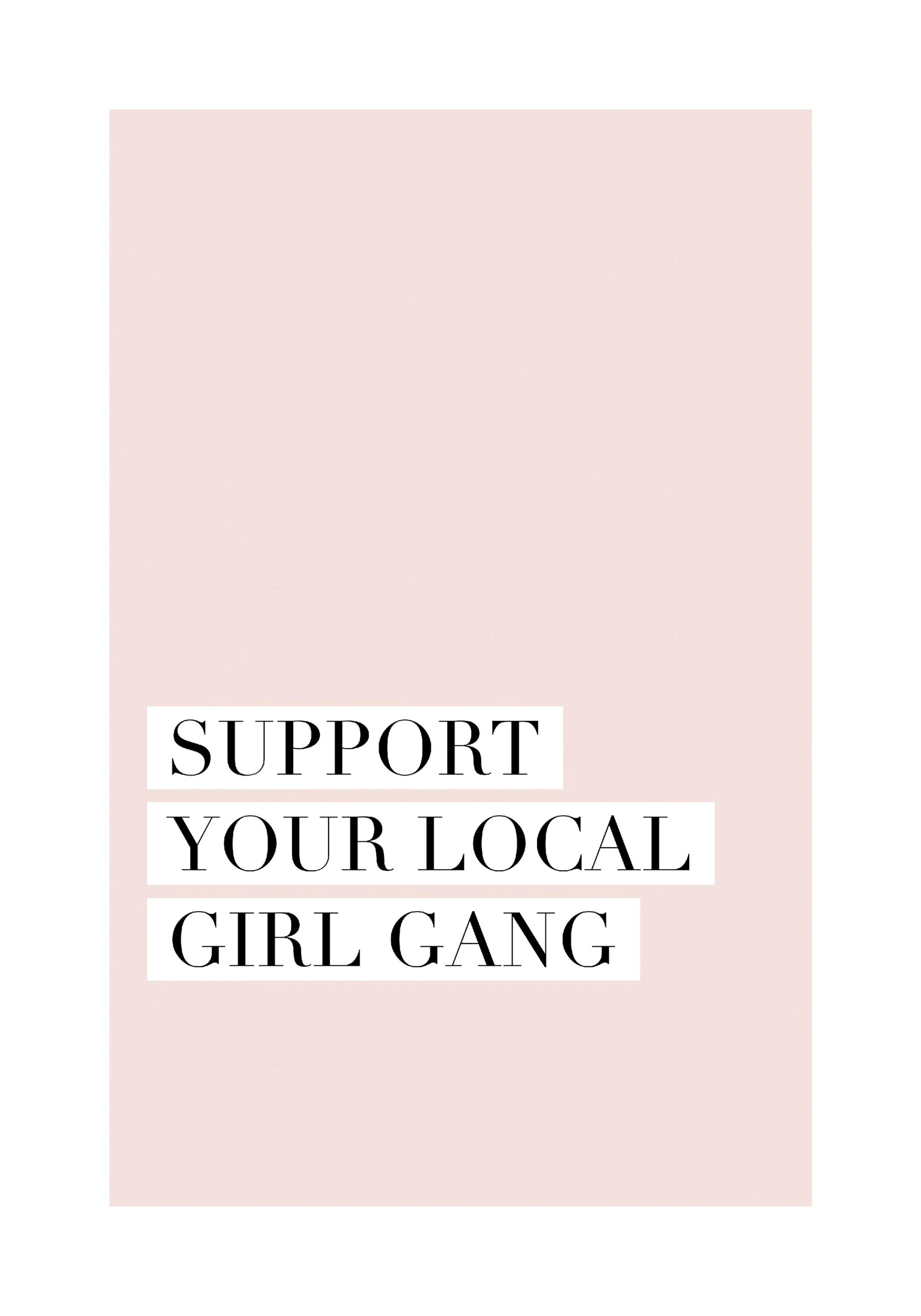 Poster con sfondo rosa chiaro e la scritta nera SUPPORT YOUR LOCAL GIRL GANG.