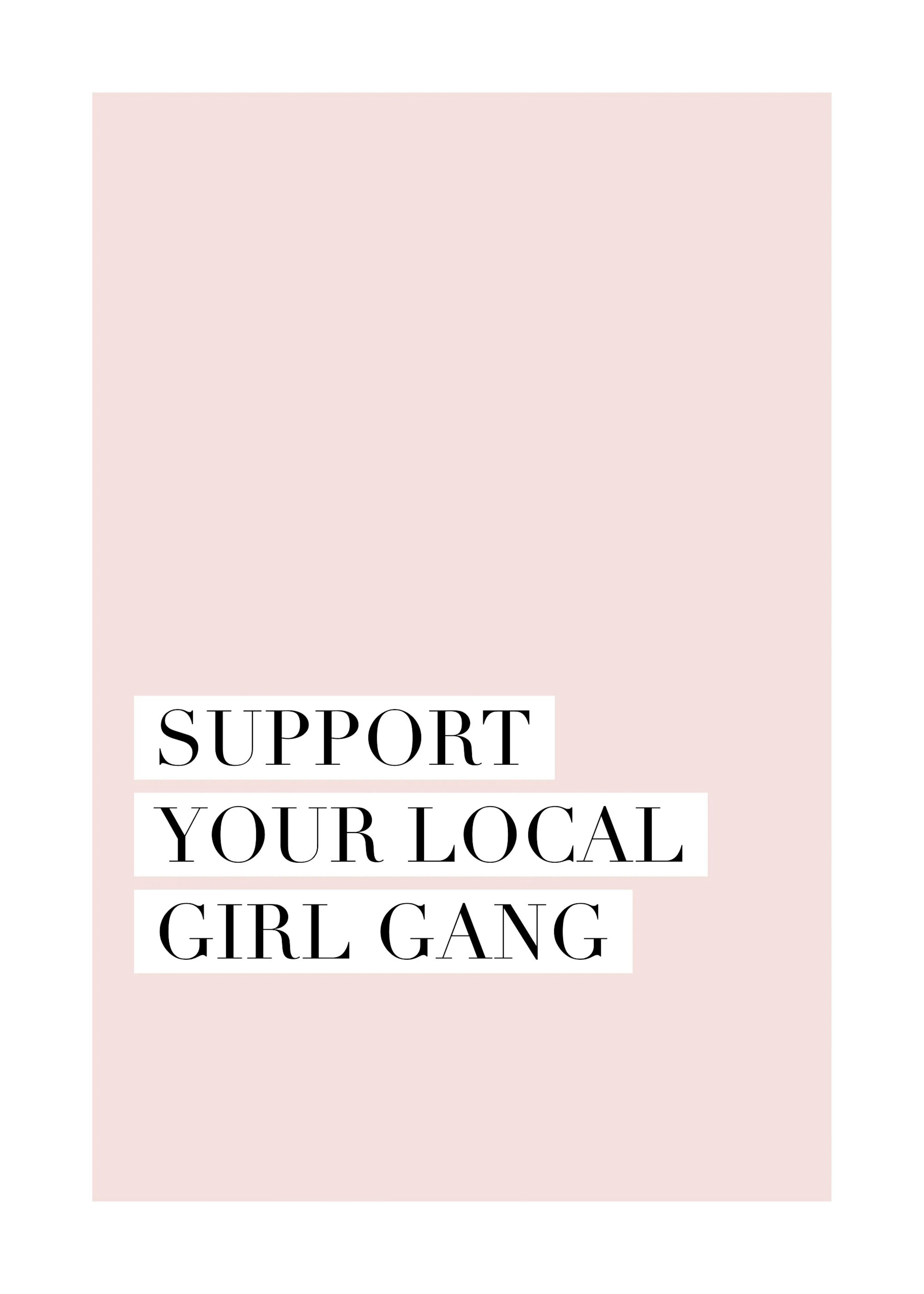 Un poster rose pâle avec le texte noir SUPPORT YOUR LOCAL GIRL GANG en capitales.