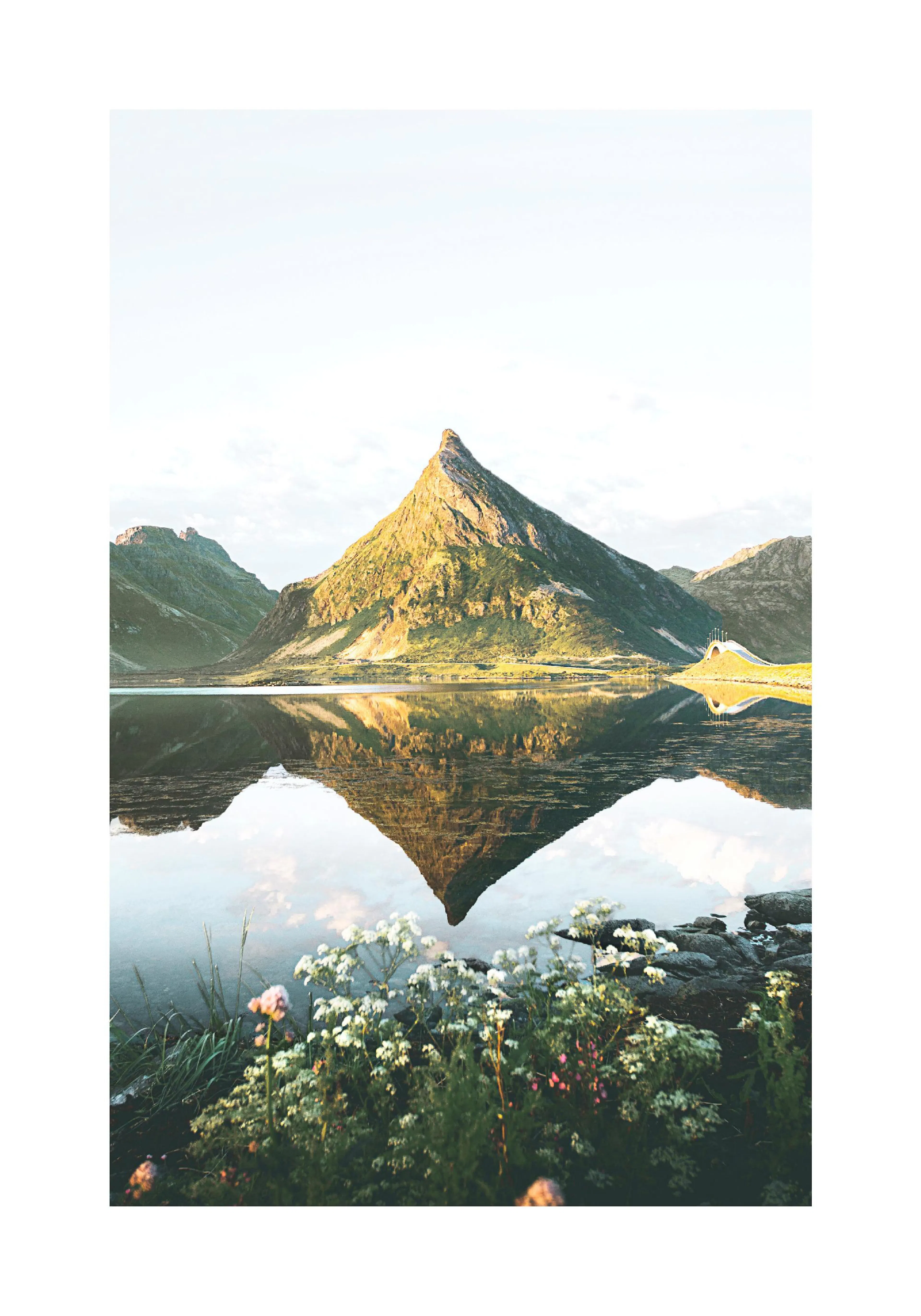 A poster featuring a green mountain reflecting in a still lake, with wildflowers in the foreground.