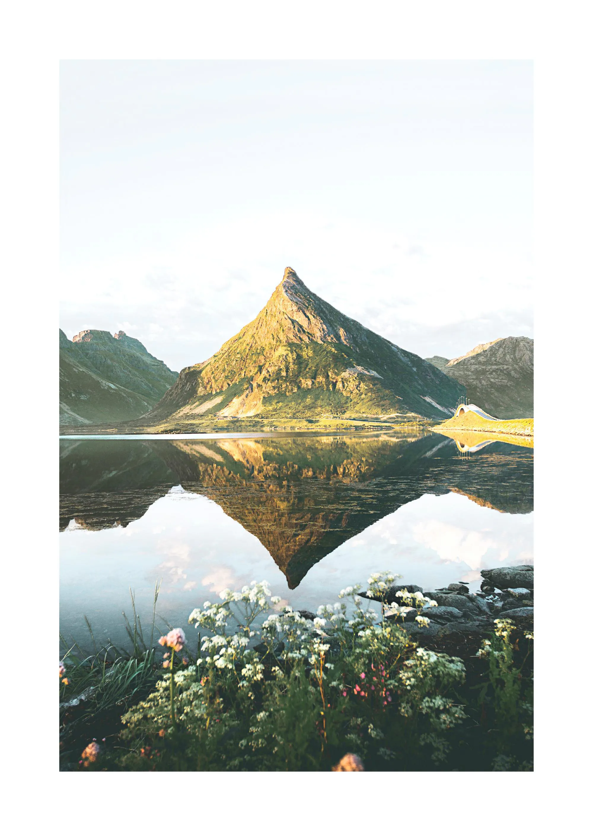 Poster: Ein spitzer Berg spiegelt sich in der Wasseroberfläche eines Sees wider, mit Blumen im Vordergrund.