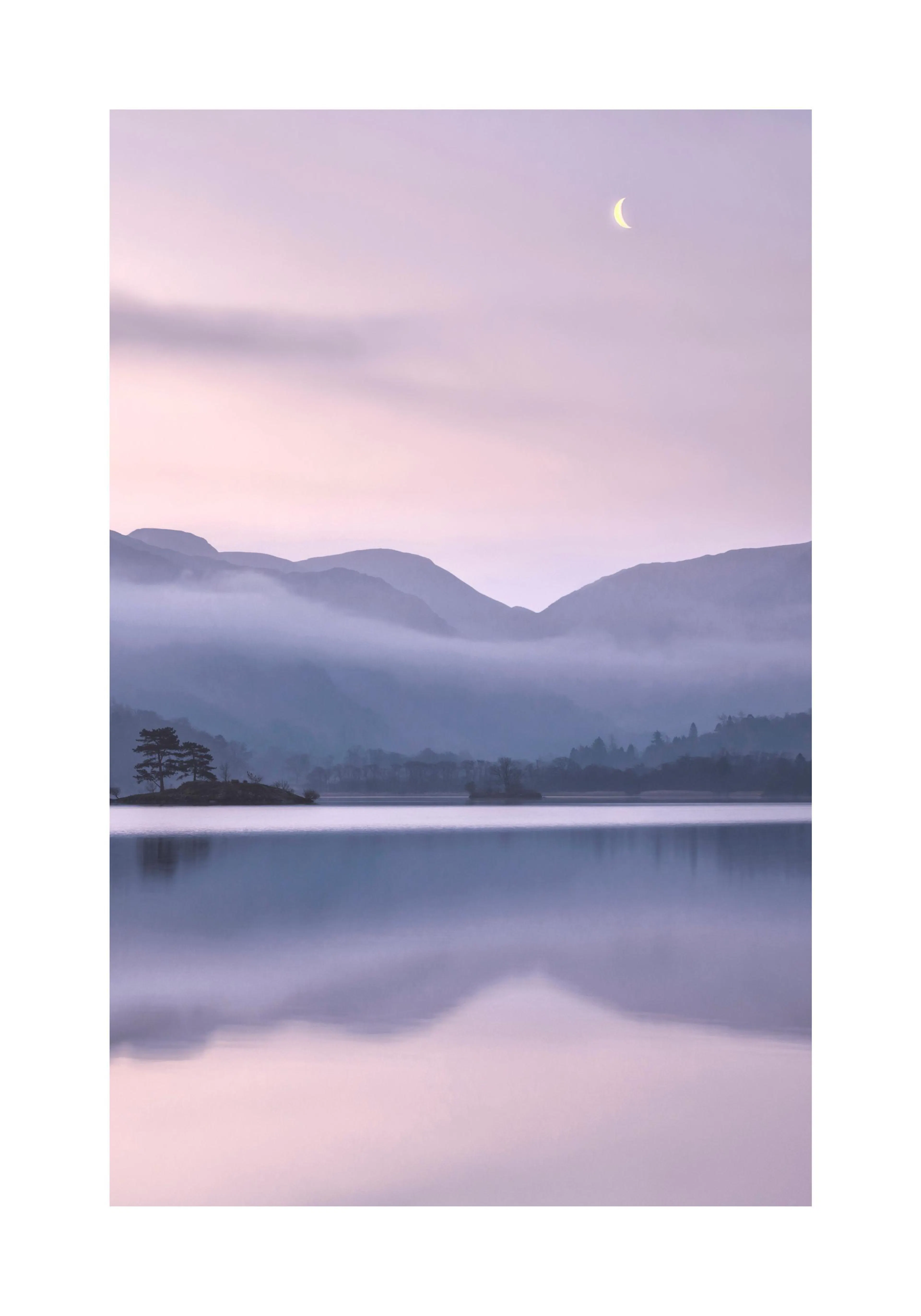 A poster featuring a tranquil lake scene with misty mountains, a small island, and a crescent moon in a lavender sky.