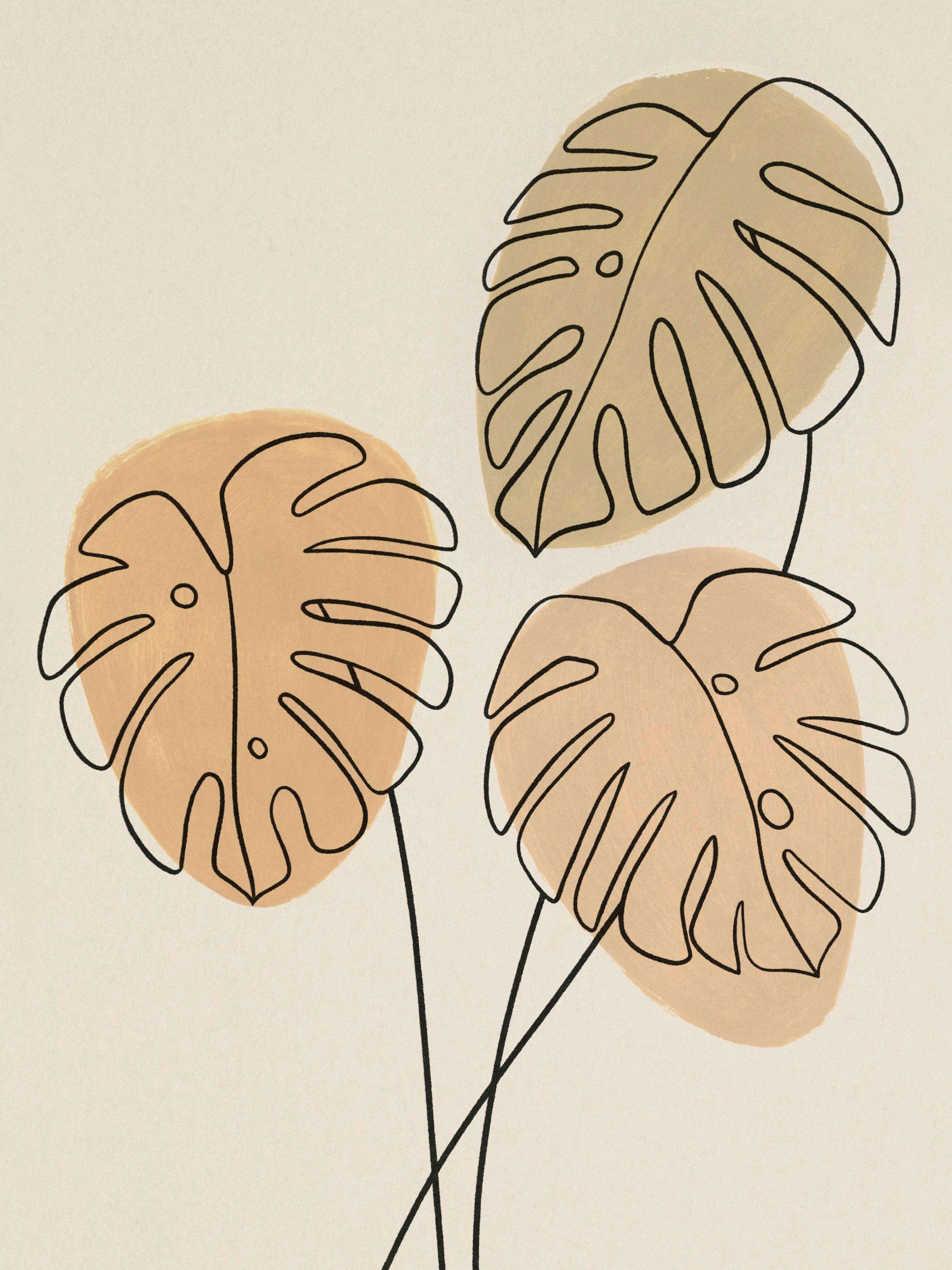 Plakat med tre monstera blade i sort stregtegning på beige og varme orange former på en lys baggrund.