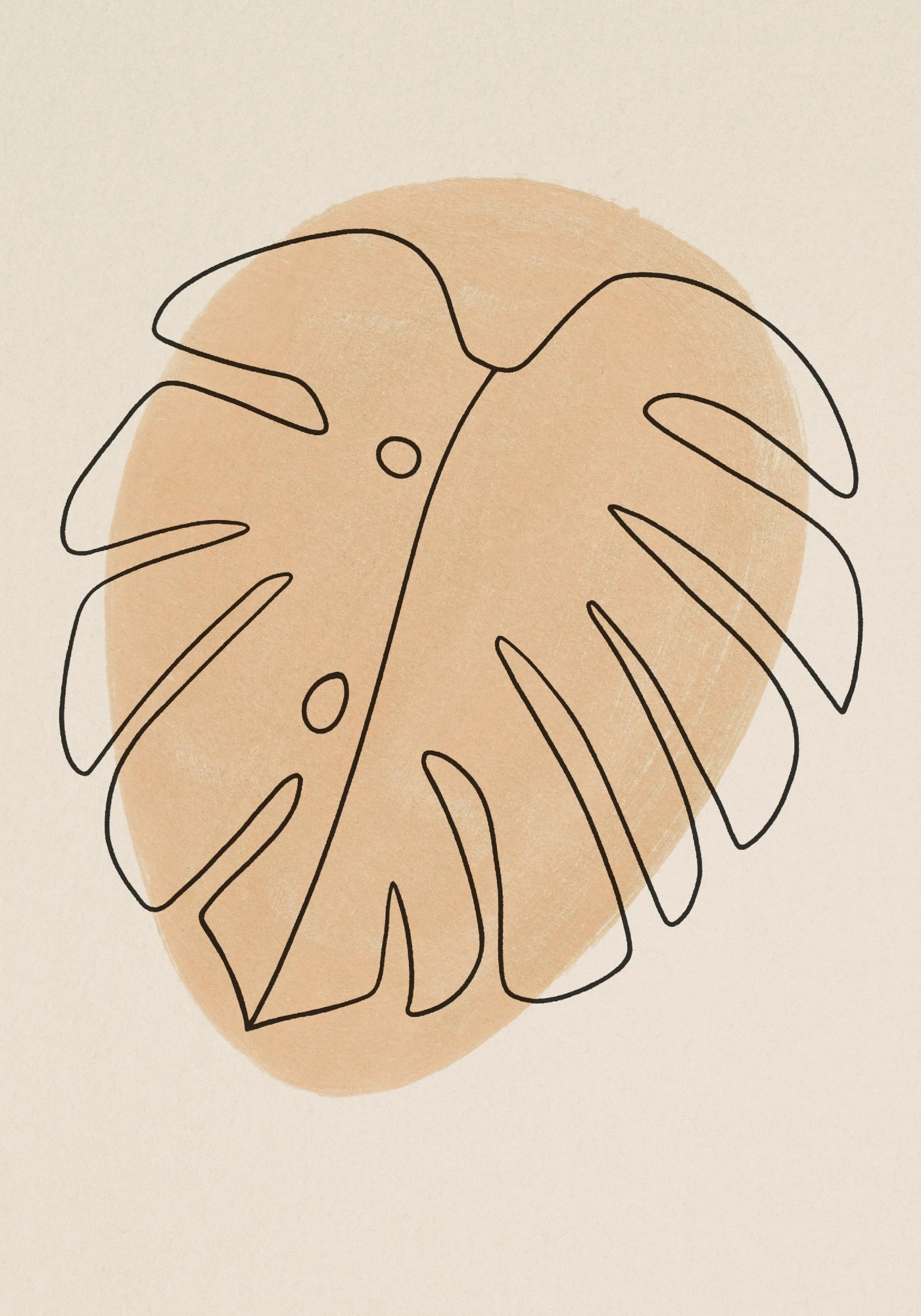 A poster featuring a black line drawing of a monstera leaf on a beige background with a peach-coloured abstract circle.