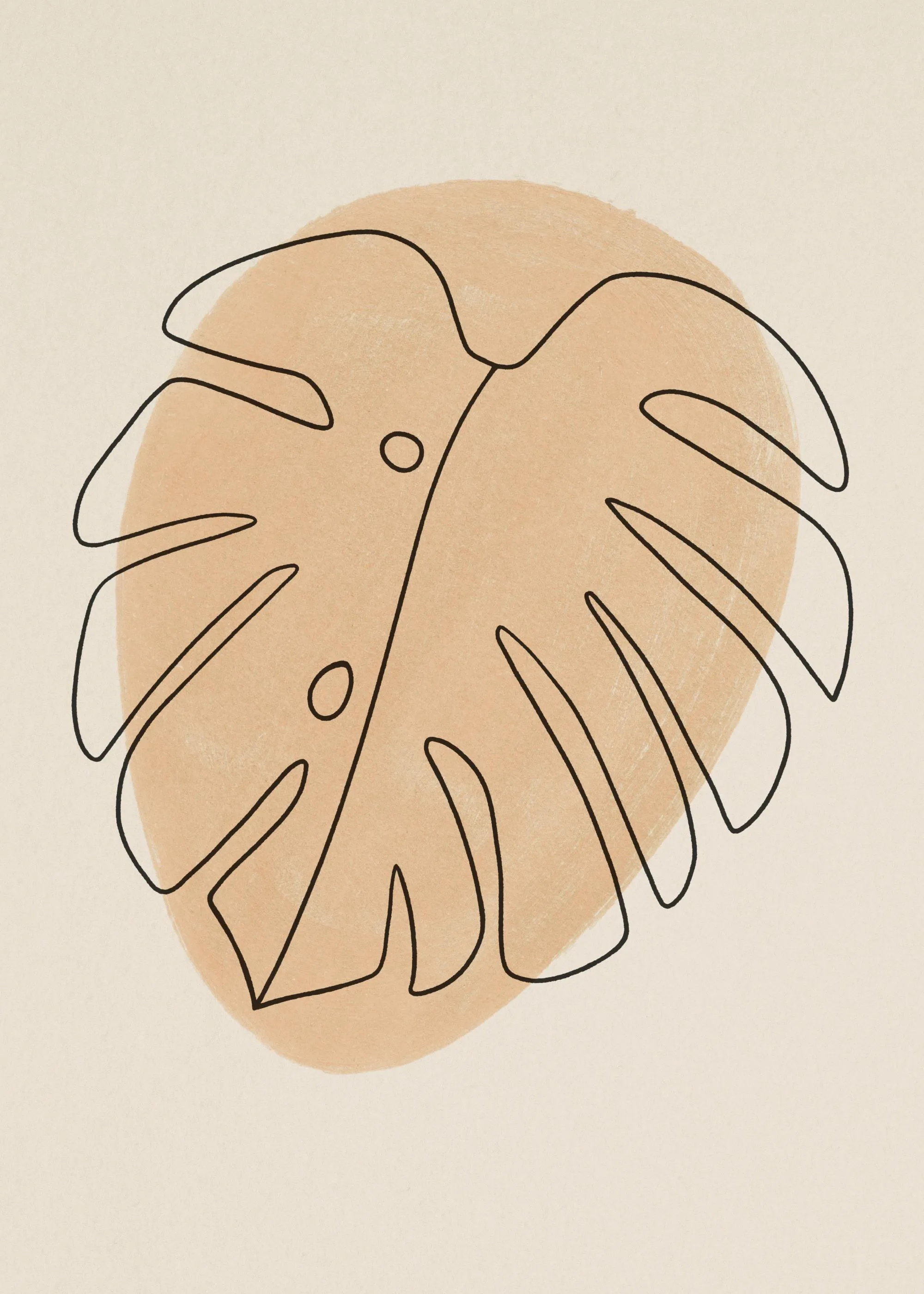 Poster med en monstera-växt i svart linjekonst på en beige bakgrund med en persikafärgad form.