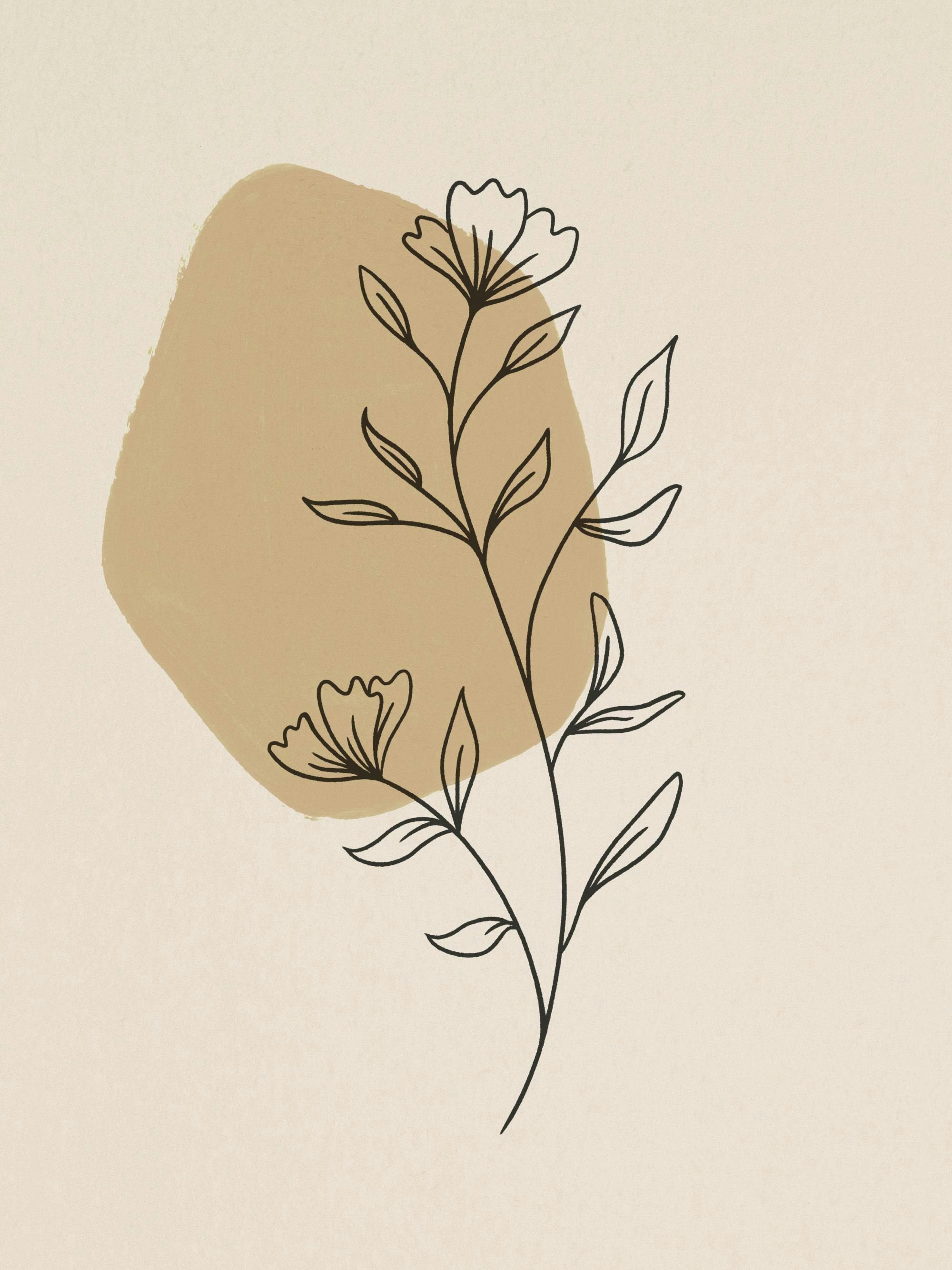 Poster met een minimalistische tekening van een bloemtak op een beige achtergrond met abstracte, bruine vorm.