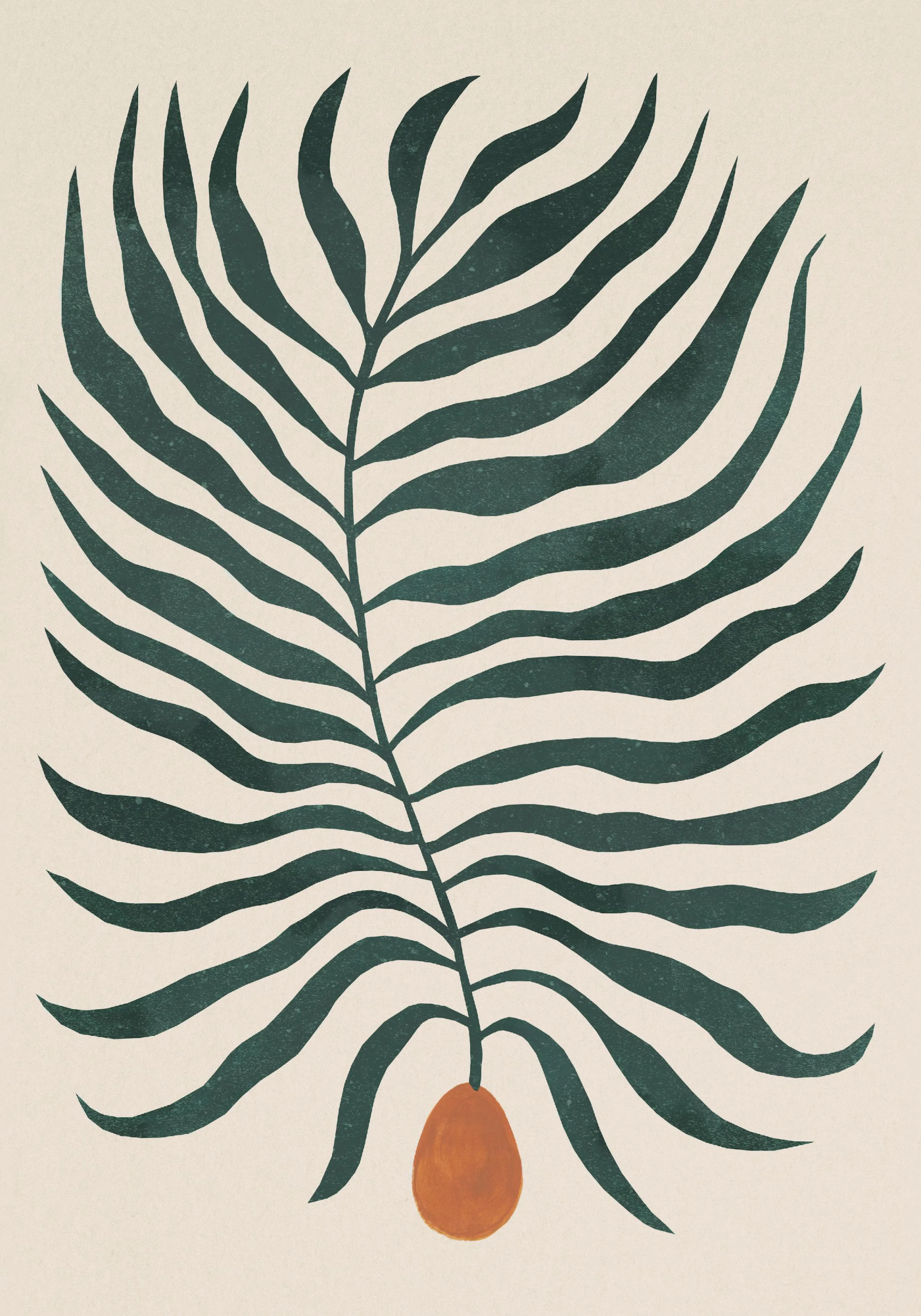 A poster of a botanical illustration with a dark green palm frond and a circular orange fruit on a cream background.