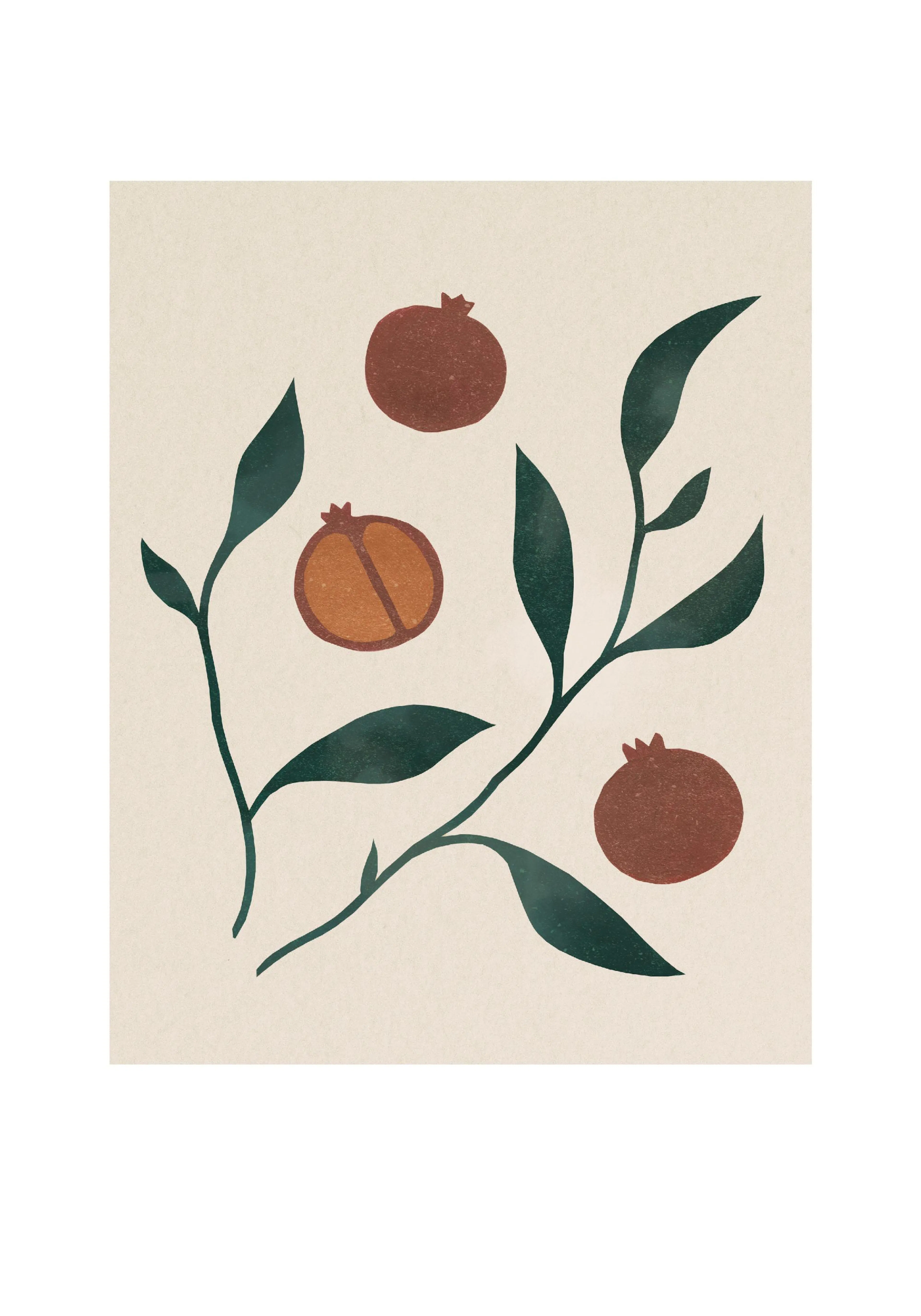 Plakat przedstawiający gałązki z zielonymi liśćmi i stylizowanymi czerwono-brązowymi owocami granatu.