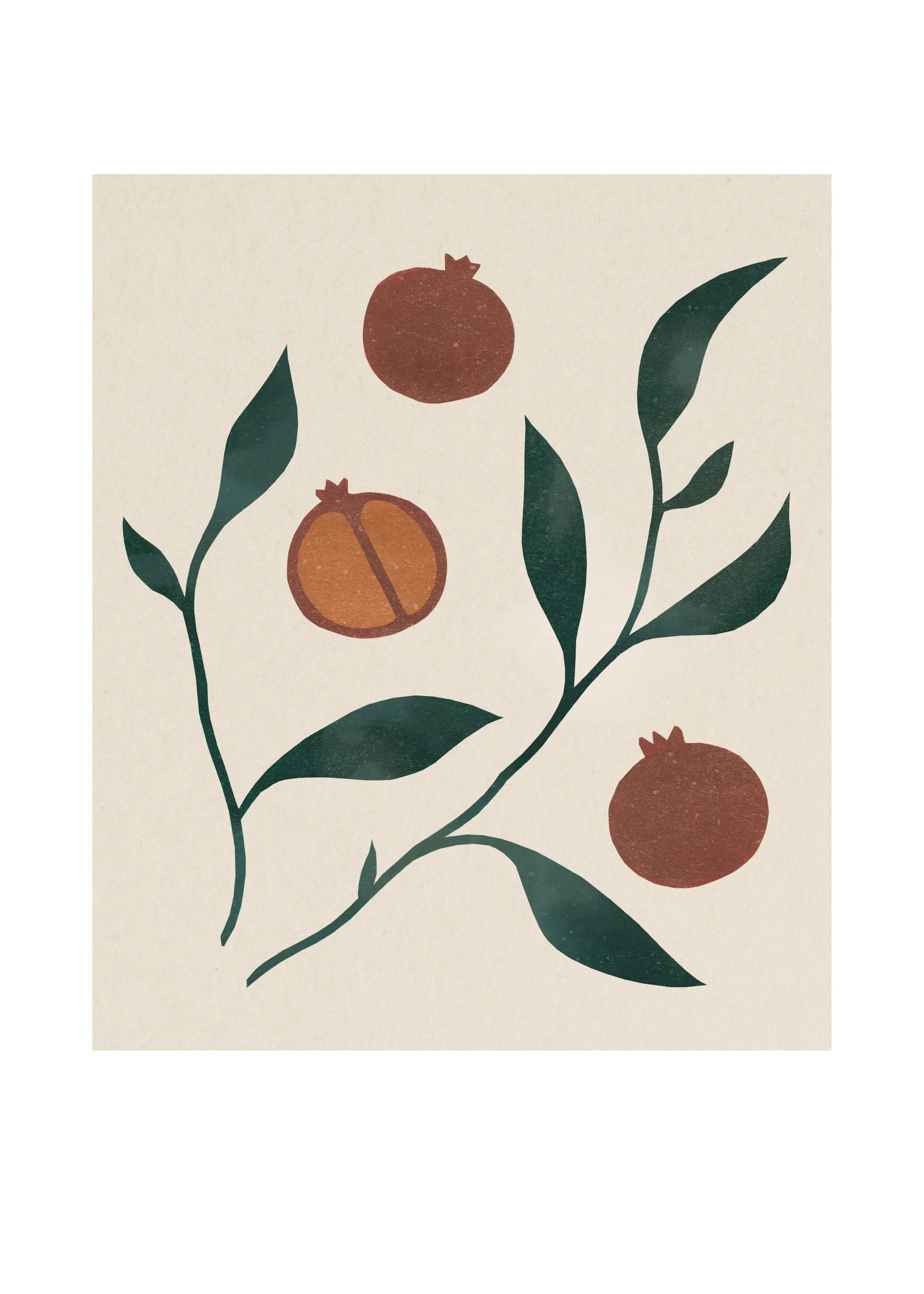 Poster mit stilisierten Granatäpfeln in Braun- und Orangetönen mit grünen Blättern auf hellem Hintergrund.