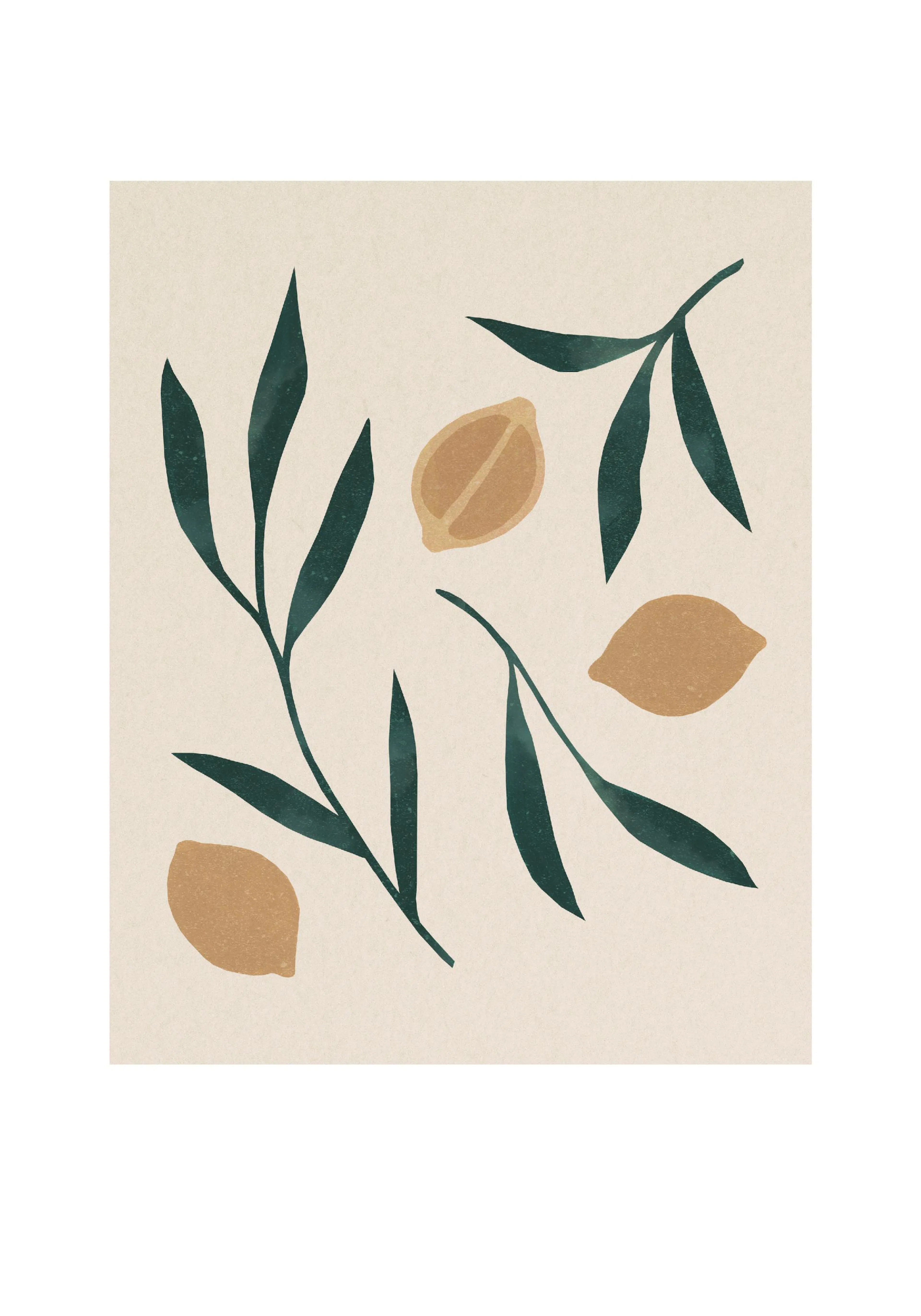 A poster featuring abstract dark green leaves and beige lemons on a light beige background.
