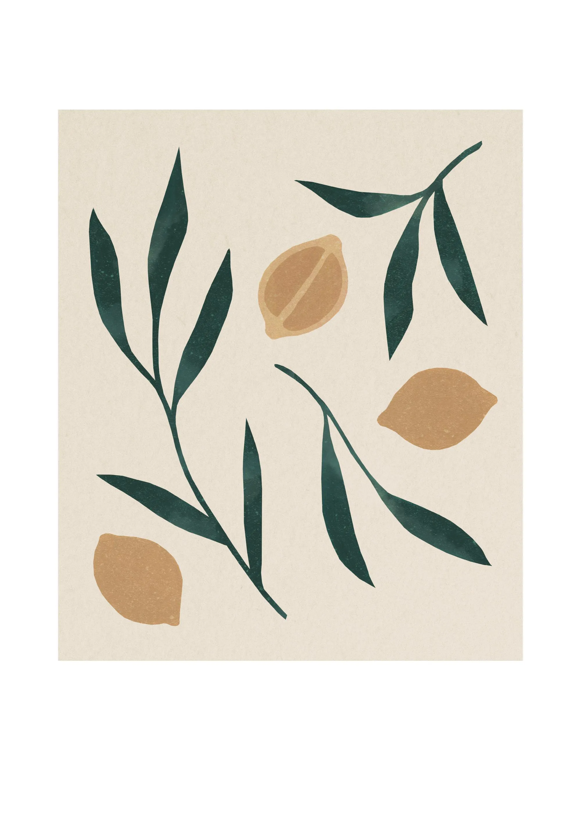 Poster mit dunkelgrünen Blättern und beigen Zitronen auf hellem Hintergrund.