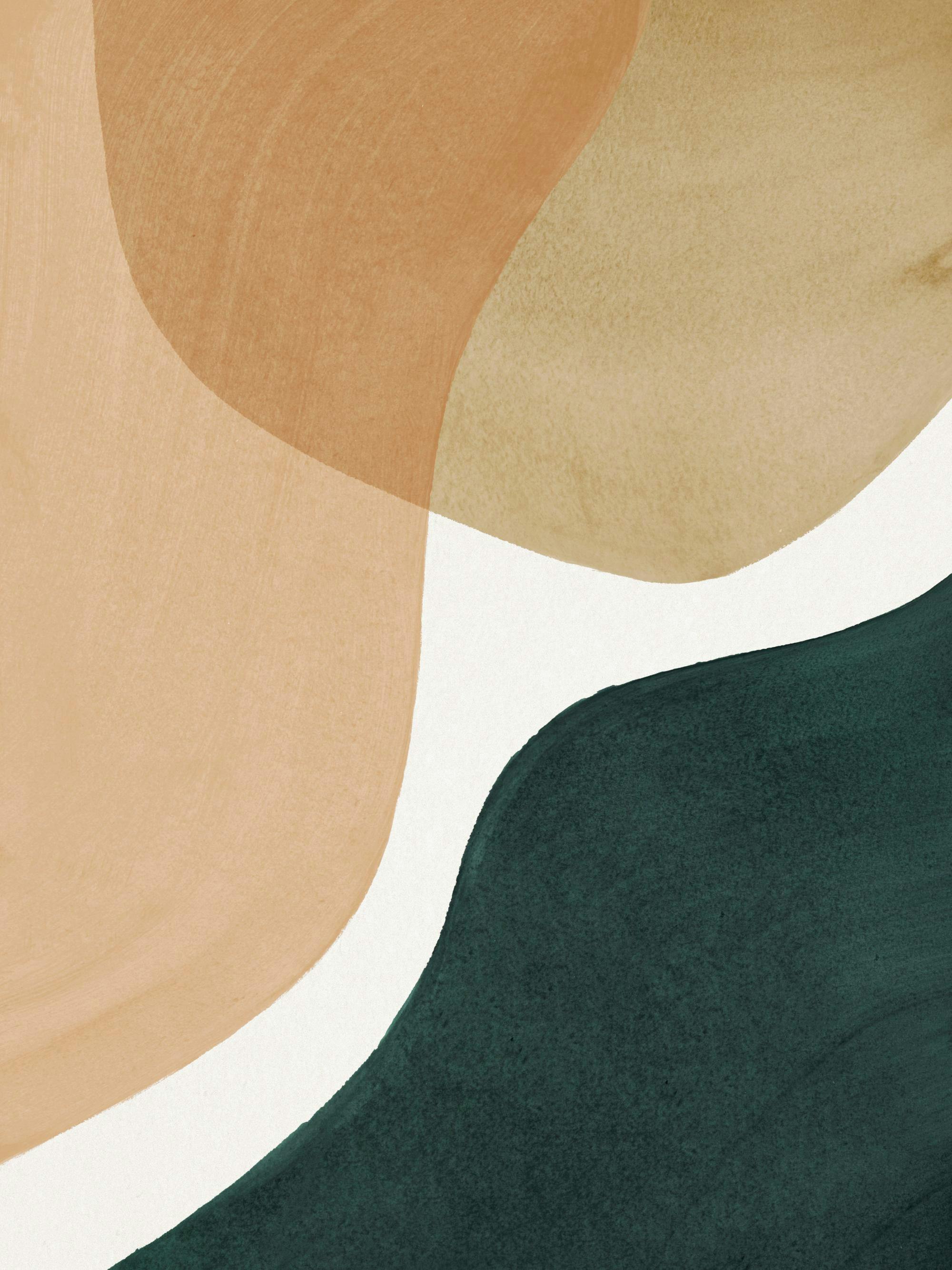 Poster mit organischen Formen in Beige, Braun und Dunkelgrün auf weißem Hintergrund.