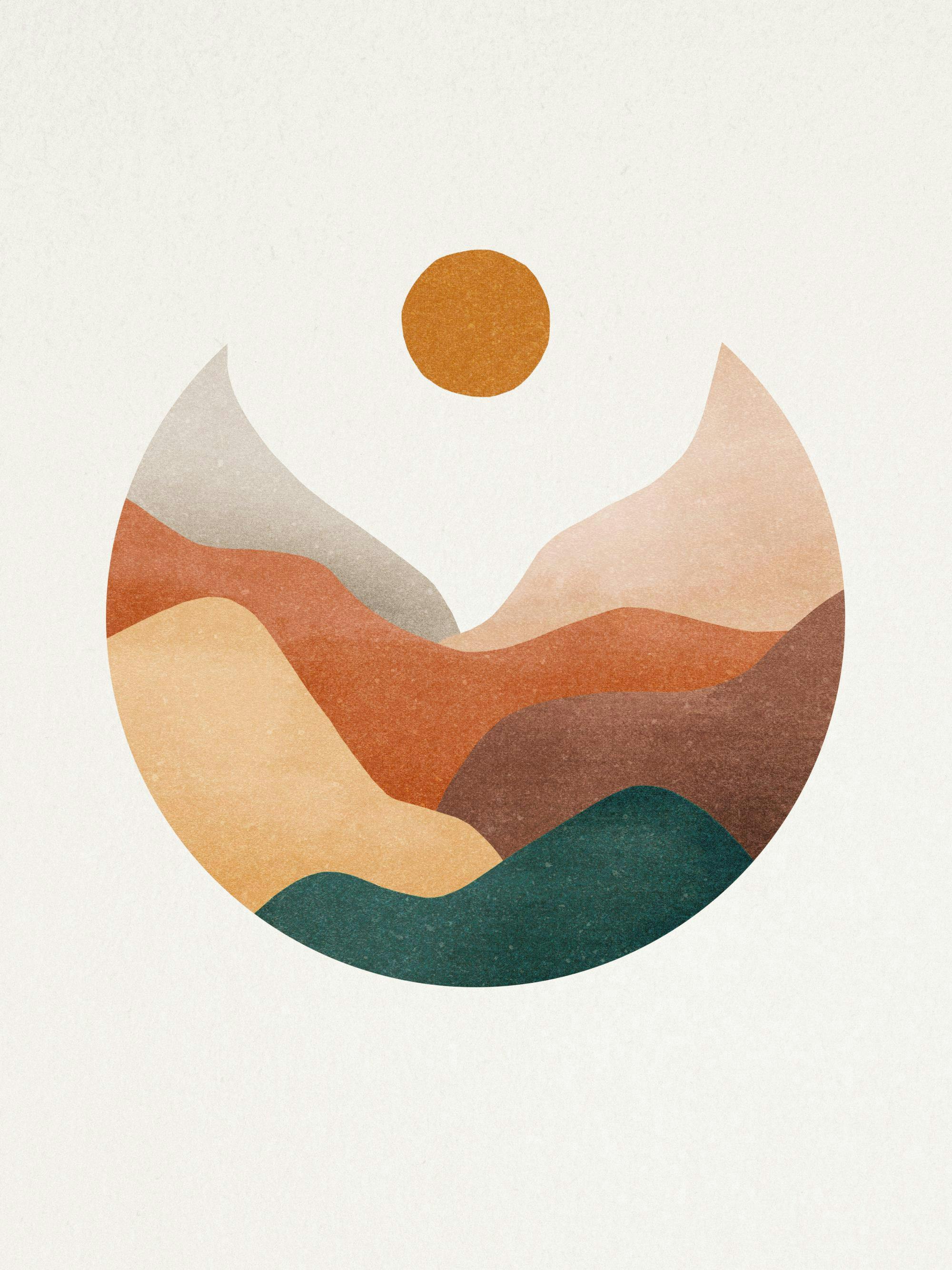 A poster featuring a circular design with layered, abstract mountains in shades of green, brown, and beige, with an orange sun a