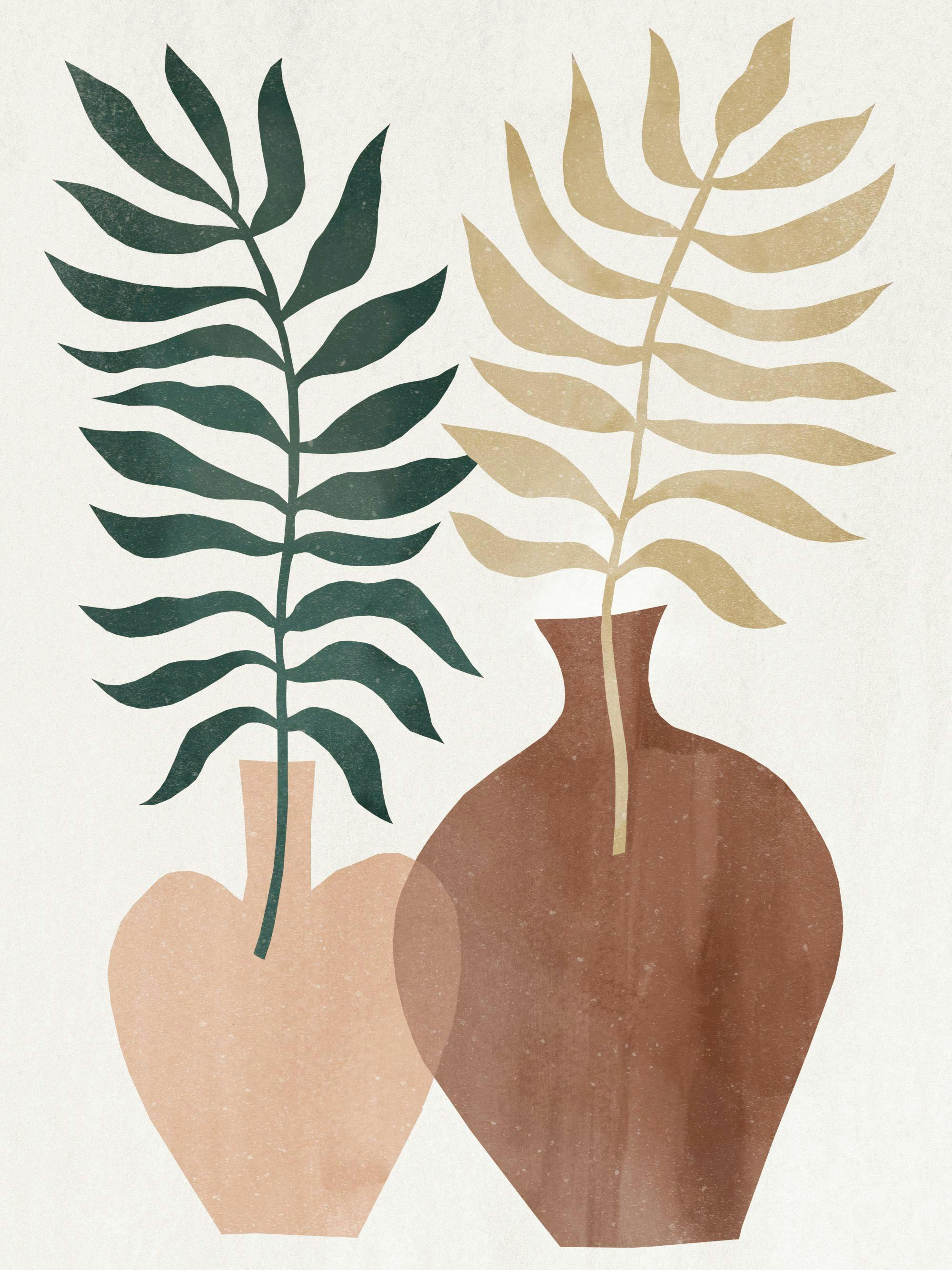 Poster mit zwei Vasen in Erdtönen, aus denen dunkelgrüne und beige Blätter ragen.