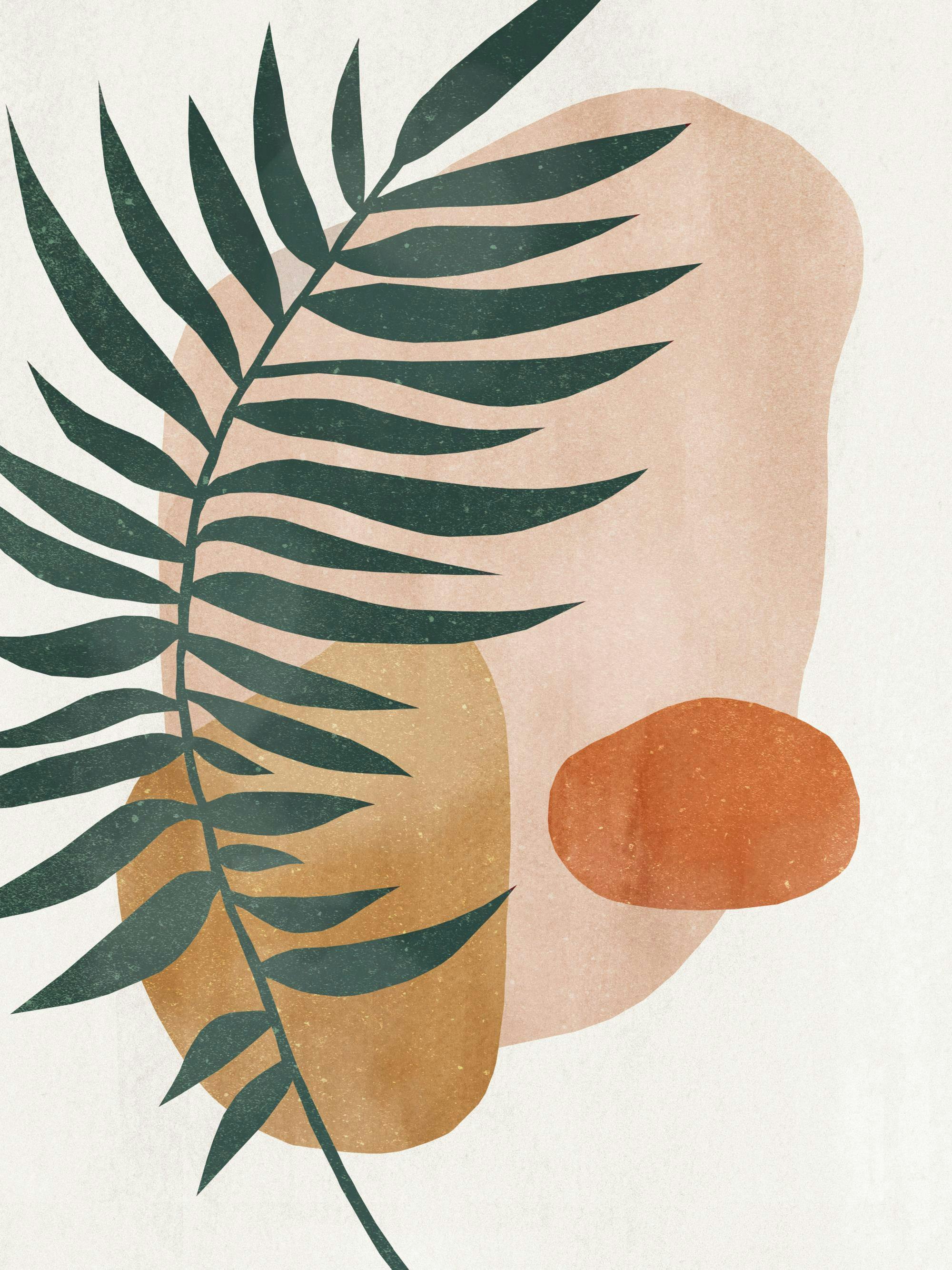 Juliste, jossa vihreä oksa ja lehtiä, sekä oransseja ja beigenvärisiä abstrakteja muotoja vaalealla taustalla.