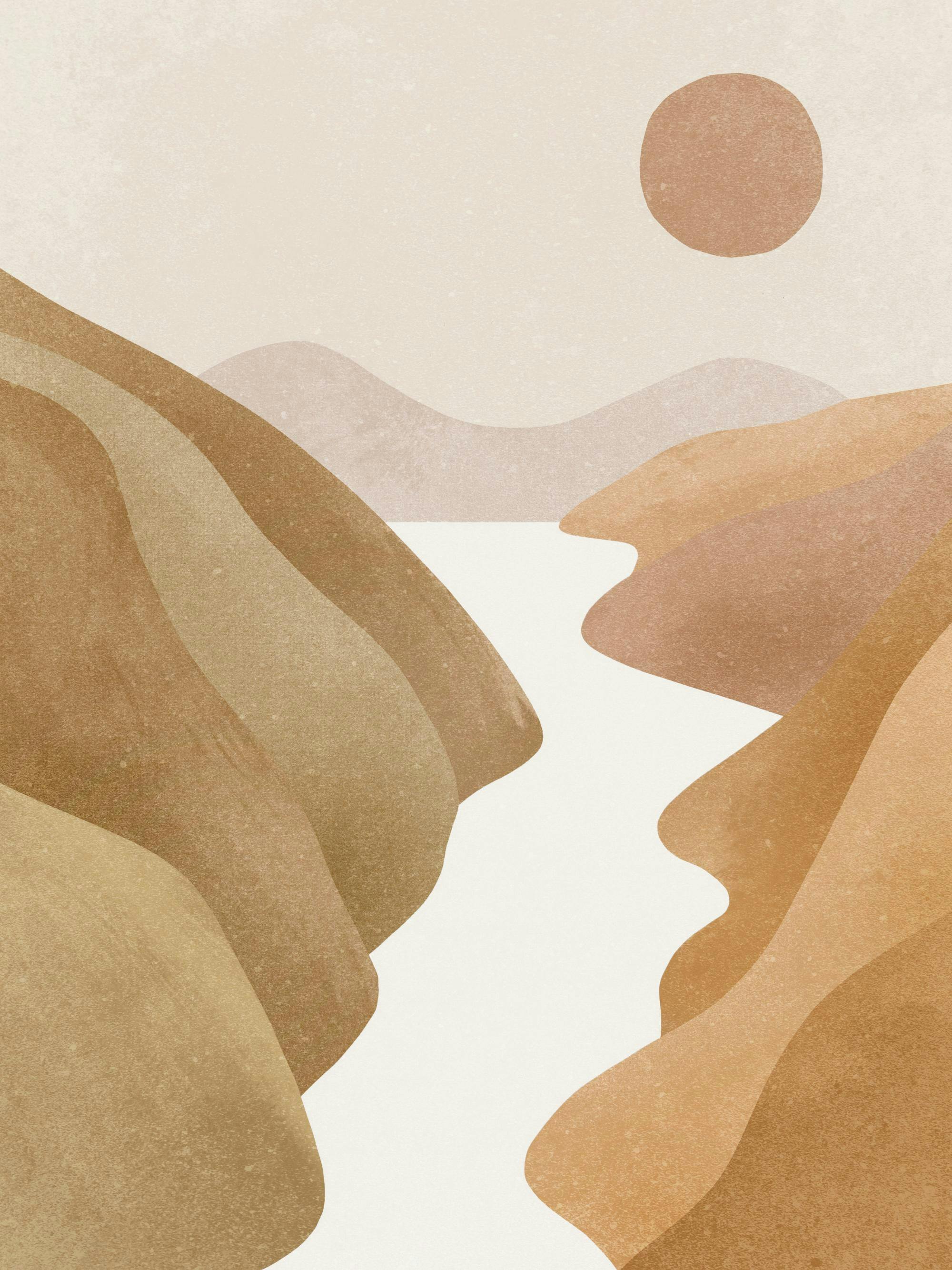 Poster cu peisaj abstract cu munți și râu, în tonuri de maro și bej, cu un soare deasupra.