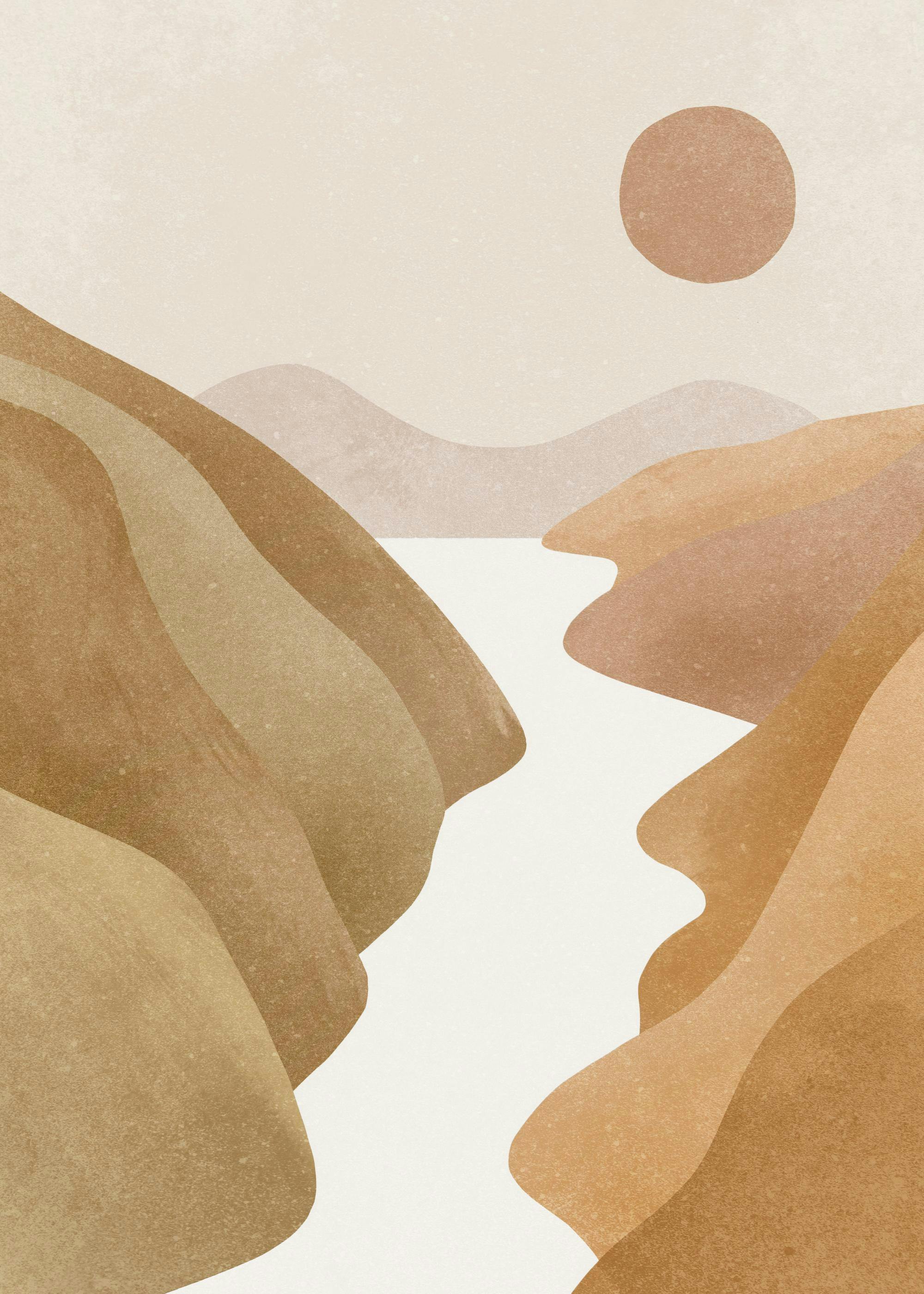 Póster de paisaje minimalista con formas abstractas de montañas y un río en tonos tierra y beige, con un sol redondo.