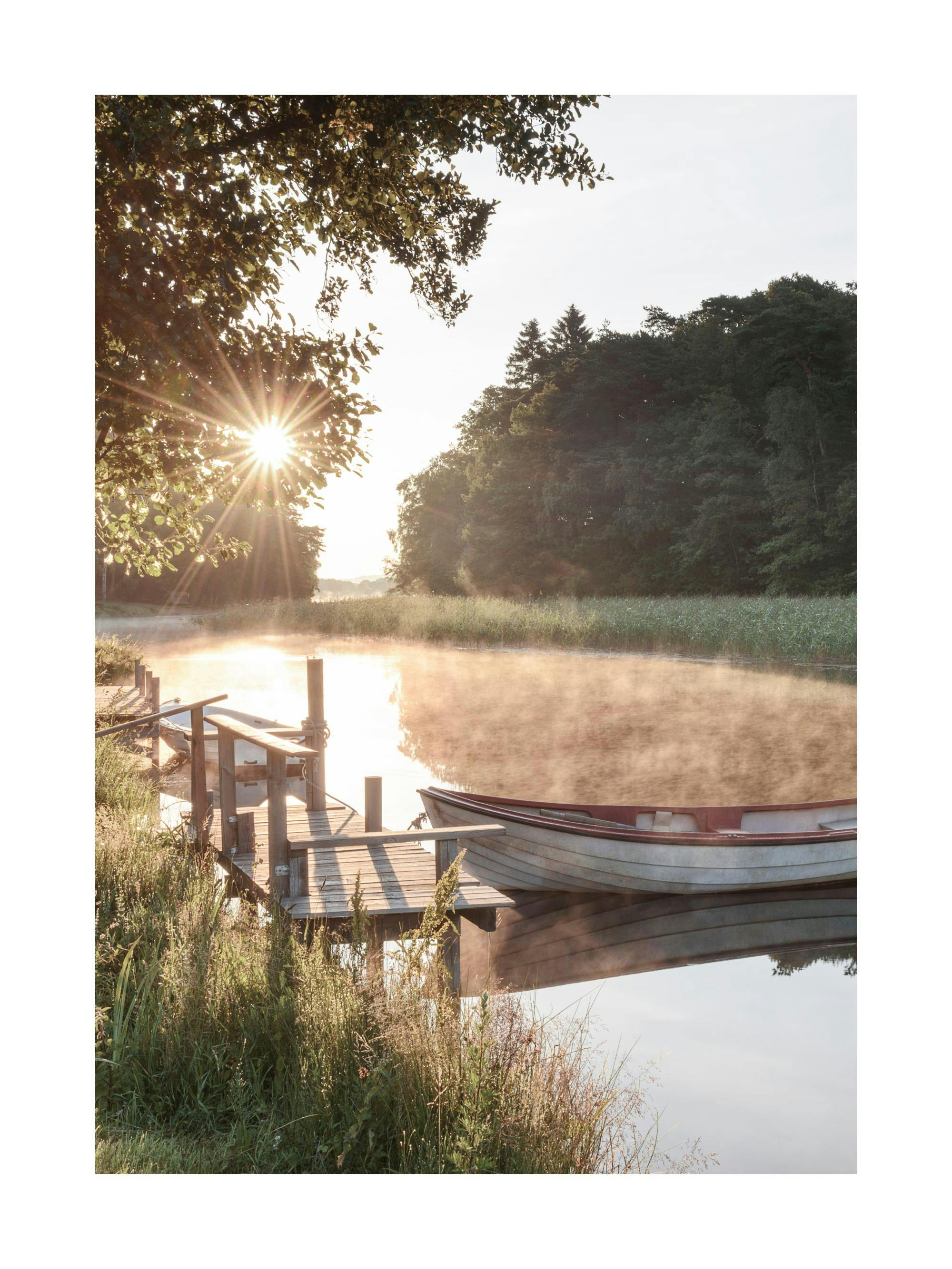 Poster di un lago nebbioso allalba con un molo in legno e una barca, e un sole splendente tra le foglie.